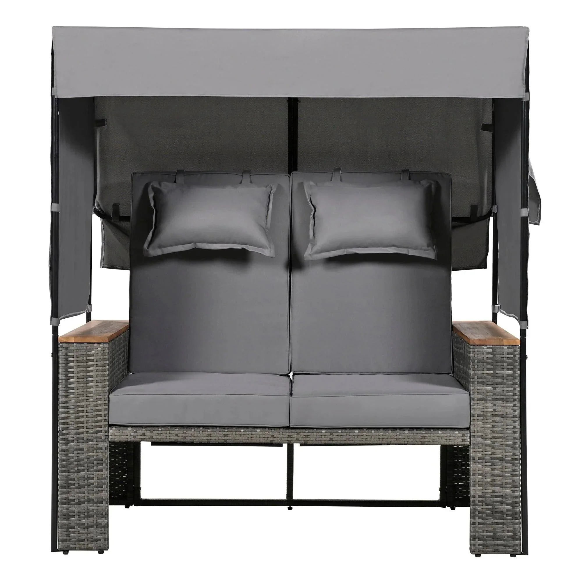 2-Piece Outdoor Rattan Daybed with Bench Lounge Roof Set and Cushions for Poolside, Backyard and Garden - Image 27
