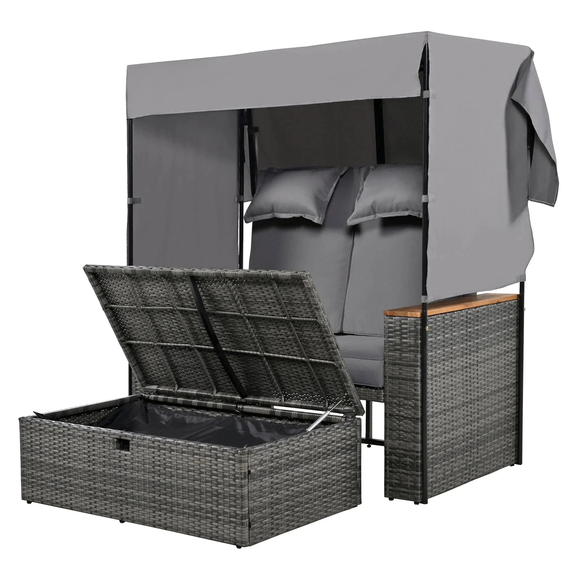 2-Piece Outdoor Rattan Daybed with Bench Lounge Roof Set and Cushions for Poolside, Backyard and Garden - Image 28