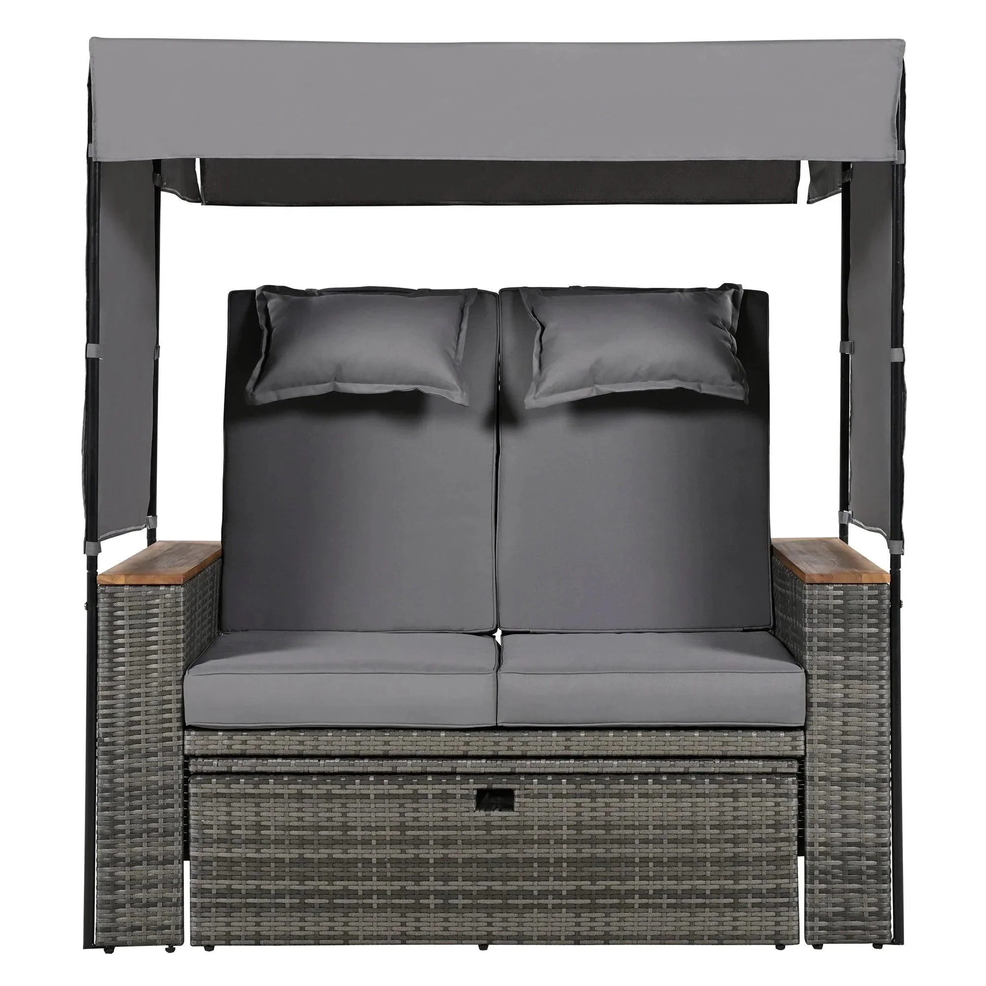 2-Piece Outdoor Rattan Daybed with Bench Lounge Roof Set and Cushions for Poolside, Backyard and Garden - Image 29