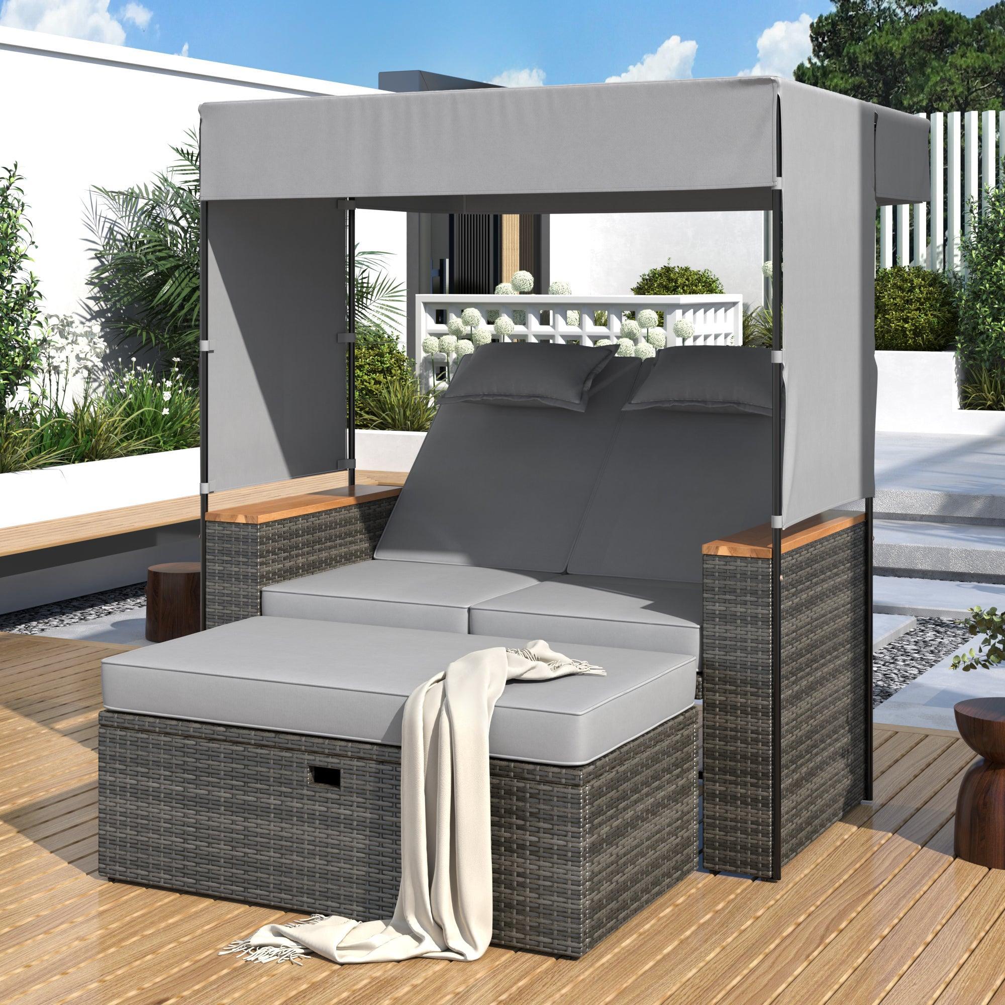 2-Piece Outdoor Rattan Daybed with Bench Lounge Roof Set and Cushions for Poolside, Backyard and Garden - Image 31