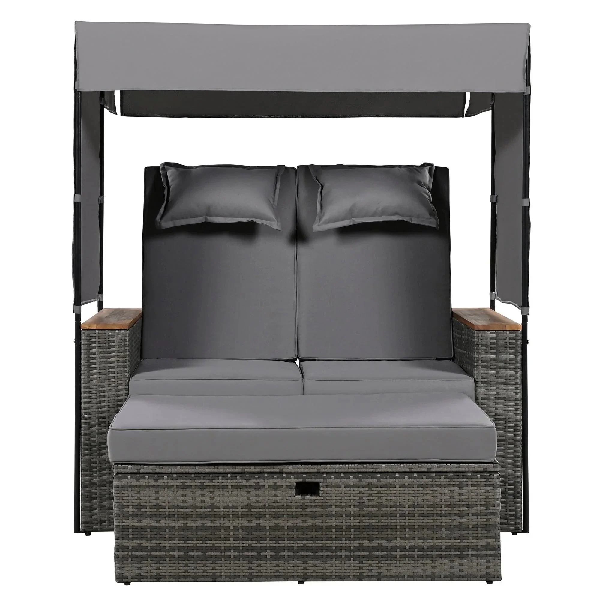 2-Piece Outdoor Rattan Daybed with Bench Lounge Roof Set and Cushions for Poolside, Backyard and Garden - Image 32