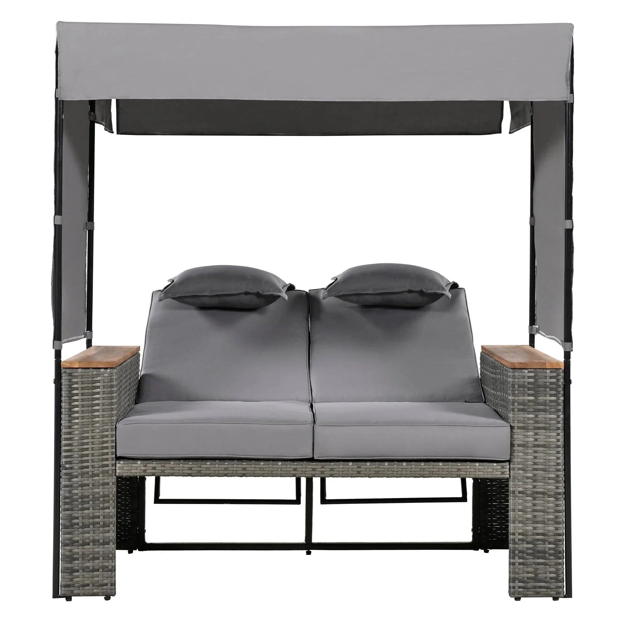 2-Piece Outdoor Rattan Daybed with Bench Lounge Roof Set and Cushions for Poolside, Backyard and Garden - Image 33