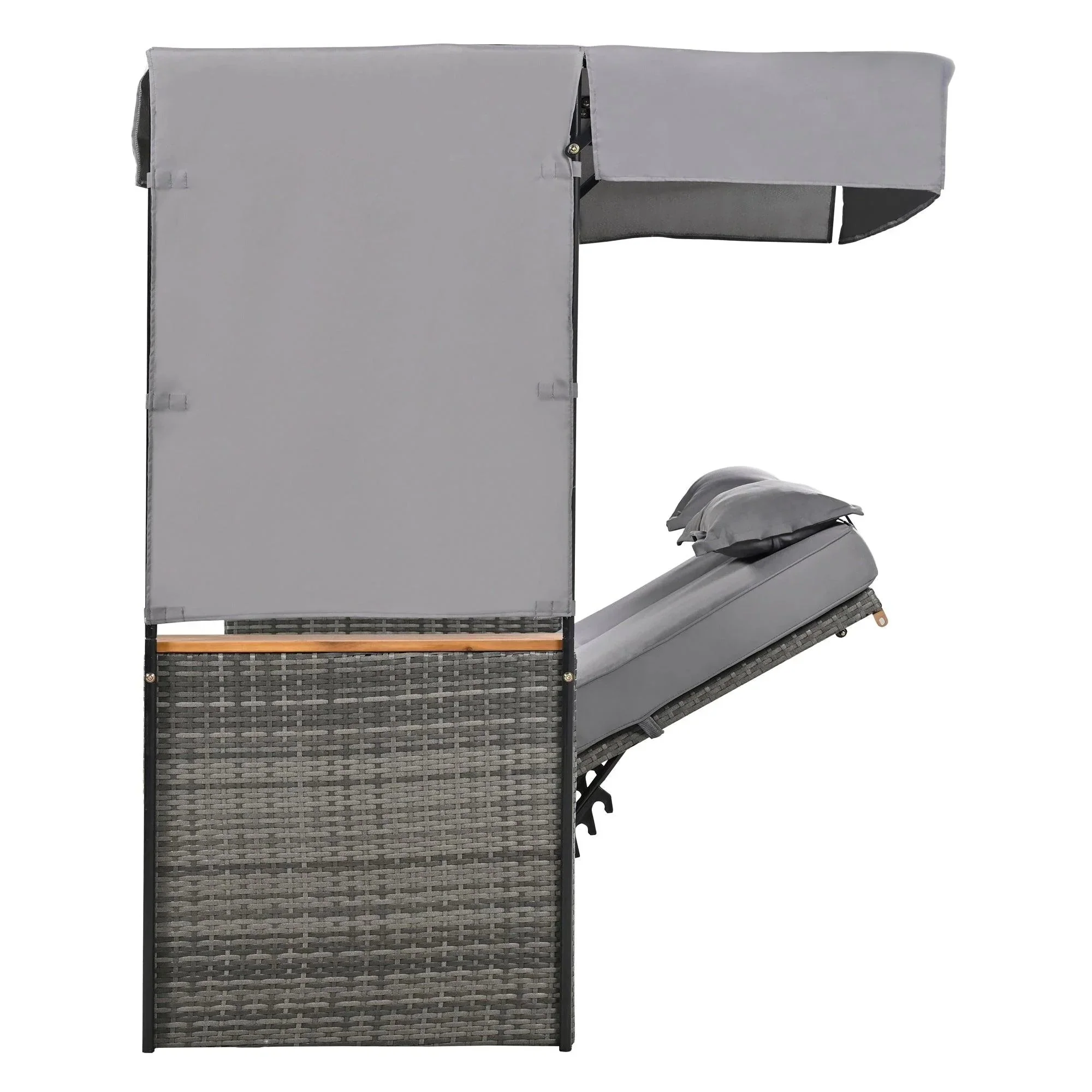 2-Piece Outdoor Rattan Daybed with Bench Lounge Roof Set and Cushions for Poolside, Backyard and Garden - Image 34