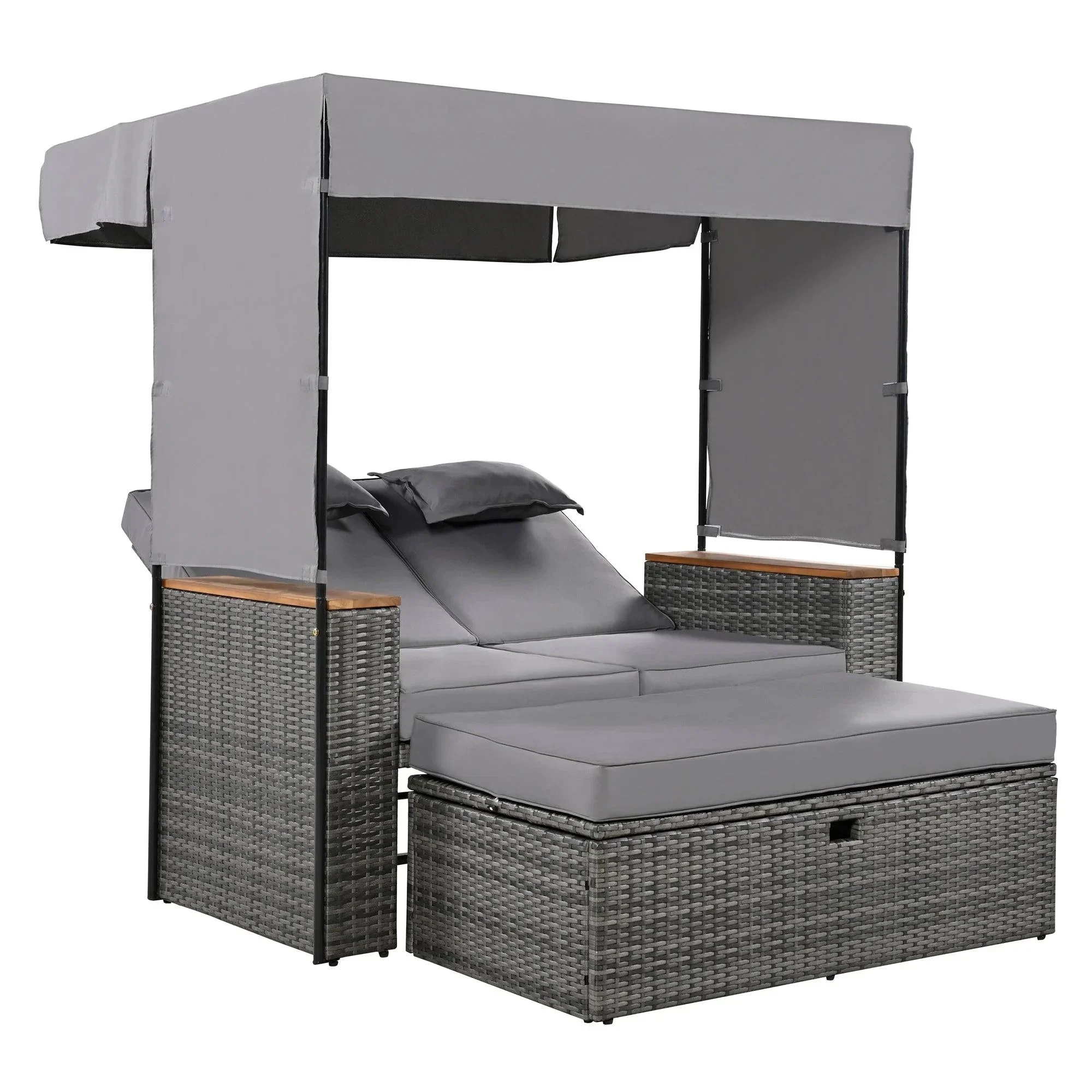 2-Piece Outdoor Rattan Daybed with Bench Lounge Roof Set and Cushions for Poolside, Backyard and Garden - Image 35