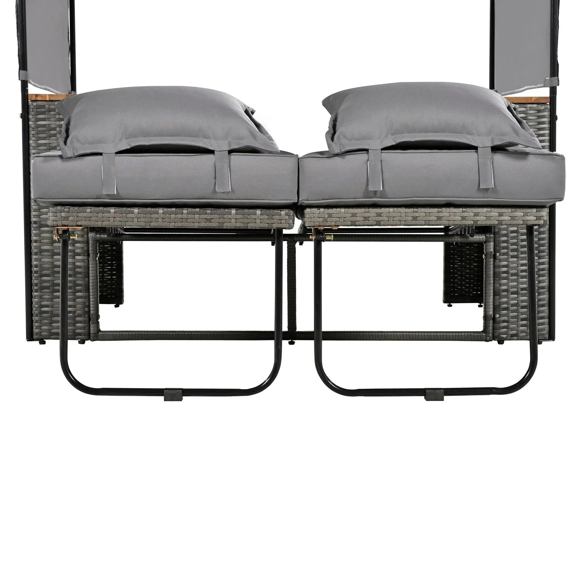 2-Piece Outdoor Rattan Daybed with Bench Lounge Roof Set and Cushions for Poolside, Backyard and Garden - Image 37