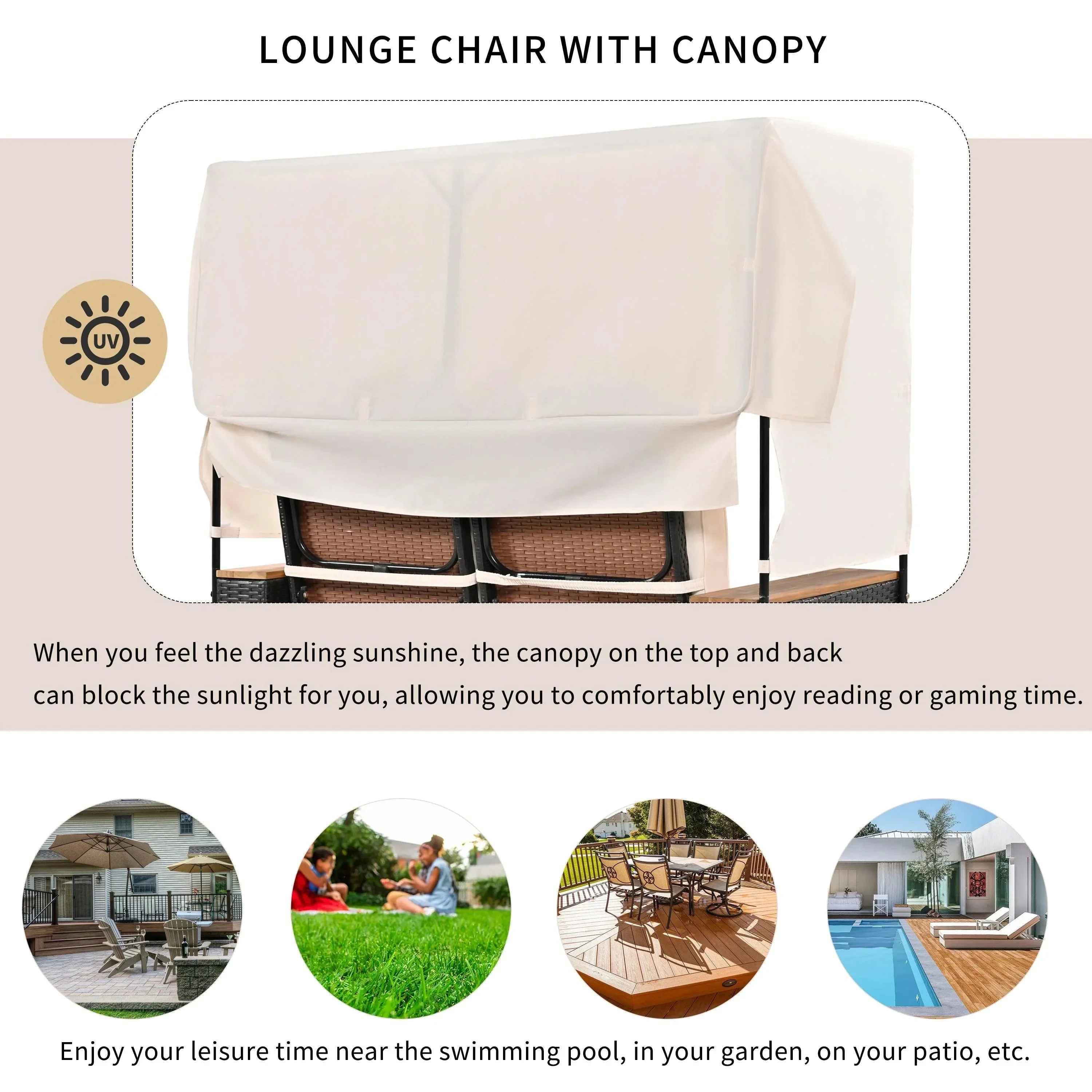2-Piece Outdoor Rattan Daybed with Bench Lounge Roof Set and Cushions for Poolside, Backyard and Garden - Image 5