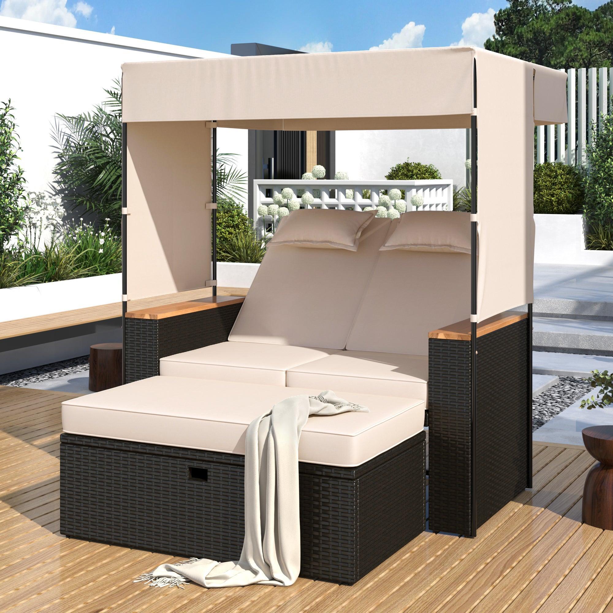2-Piece Outdoor Rattan Daybed with Bench Lounge Roof Set and Cushions for Poolside, Backyard and Garden - Image 7