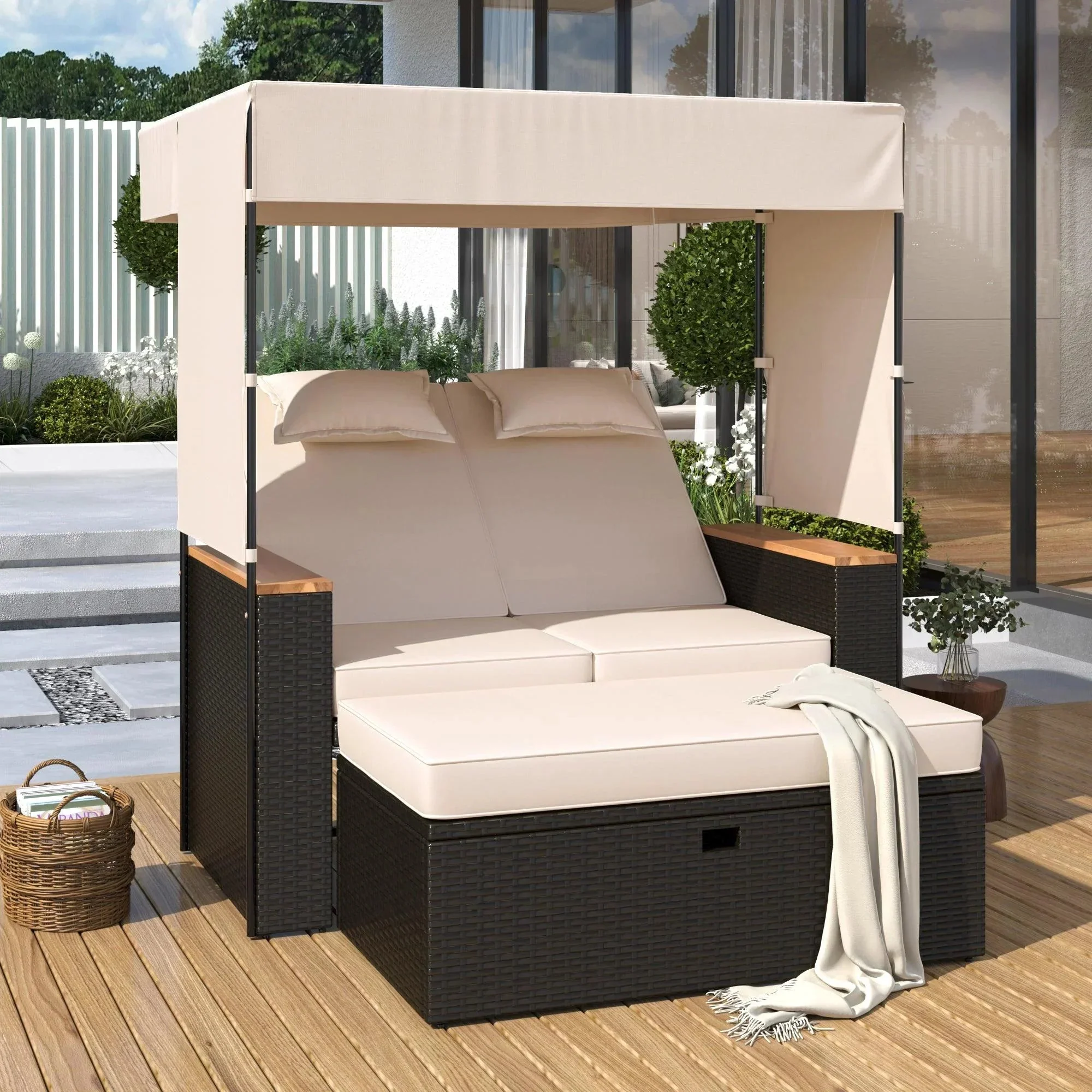 2-Piece Outdoor Rattan Daybed with Bench Lounge Roof Set and Cushions for Poolside, Backyard and Garden - Image 8