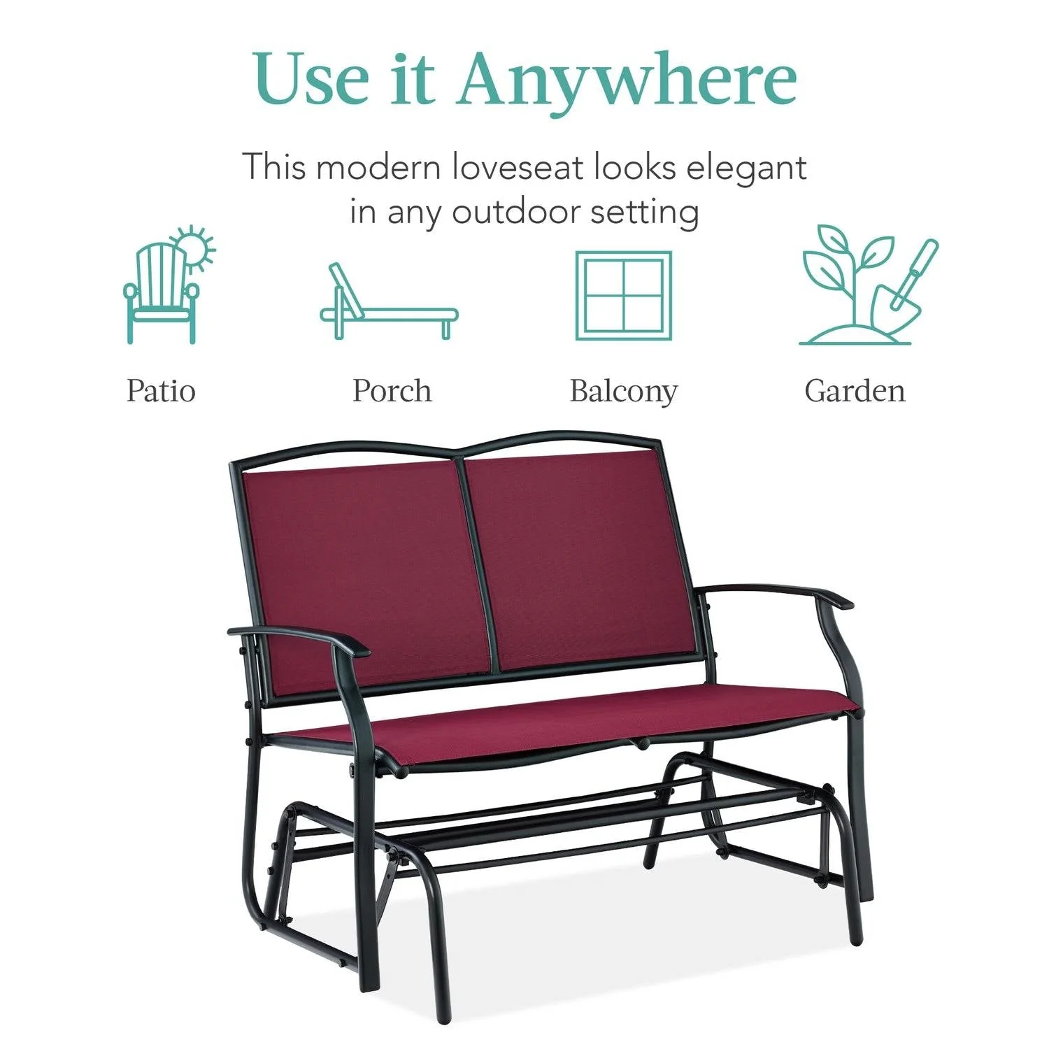 2 Seat Mesh Patio Loveseat Swing Glider Rocker with Armrests in Burgundy Red - Image 2