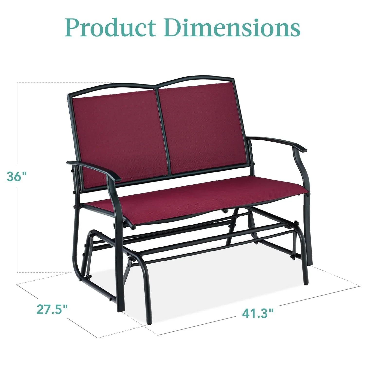 2 Seat Mesh Patio Loveseat Swing Glider Rocker with Armrests in Burgundy Red - Image 3