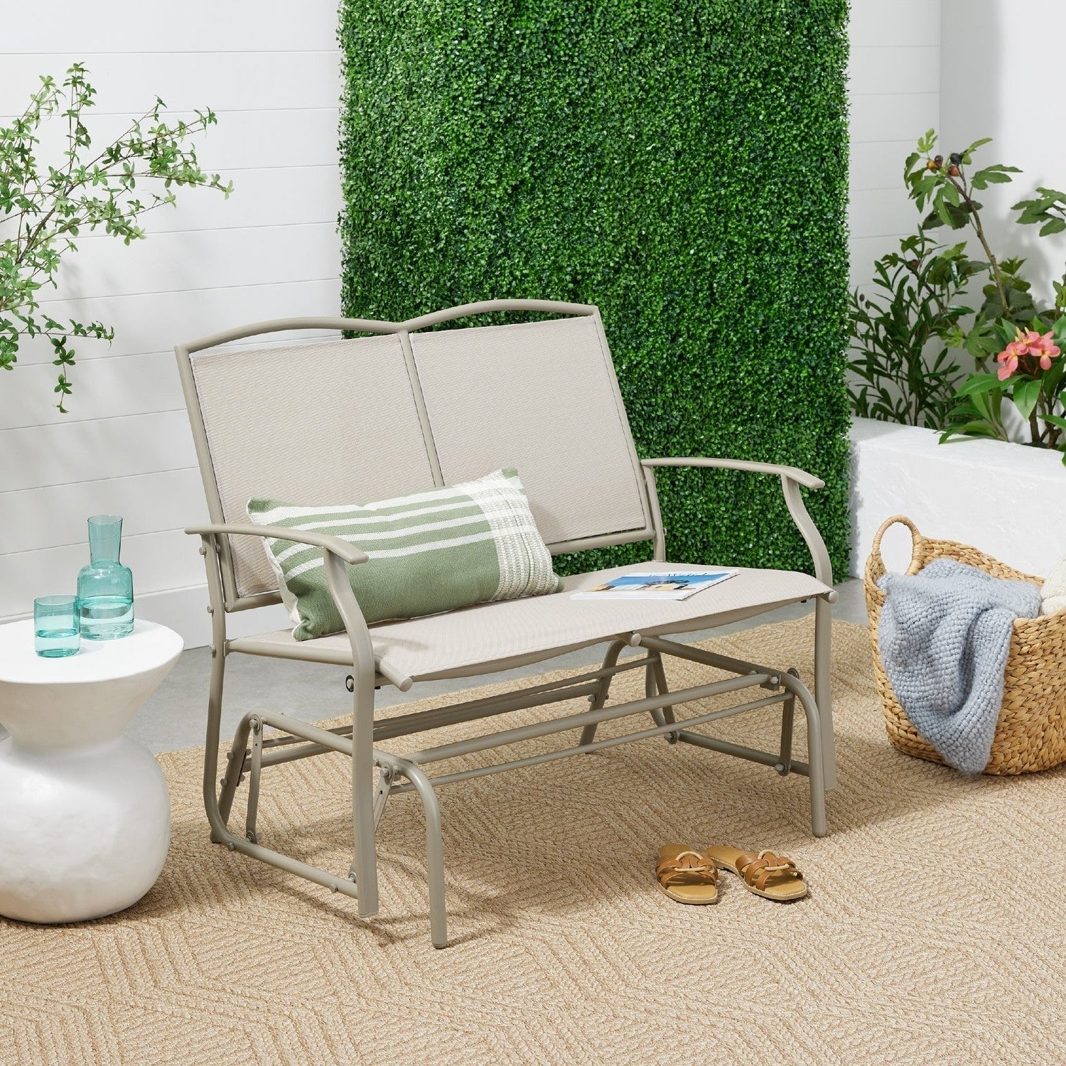 2 Seat Mesh Patio Loveseat Swing Glider Rocker with Armrests in Taupe - Image 2