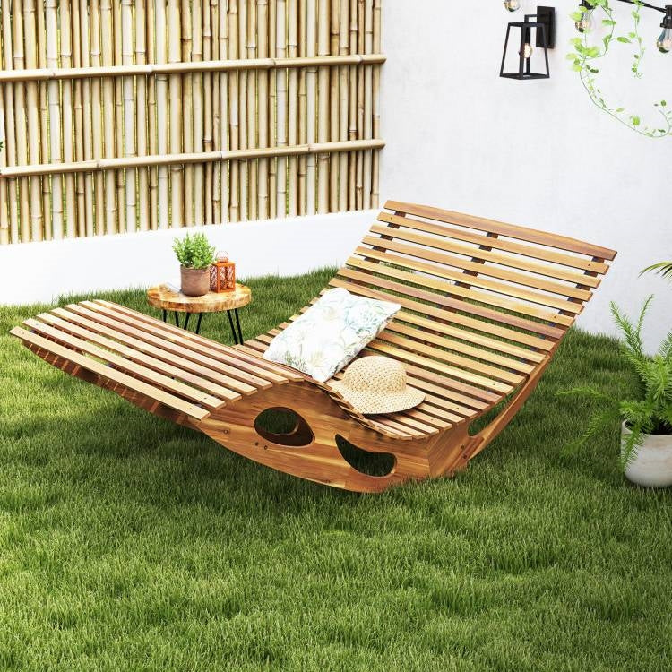 2-Seater Adirondack Slatted Acacia Patio Dual Rocker Sunbed Wood Lounger - Image 2