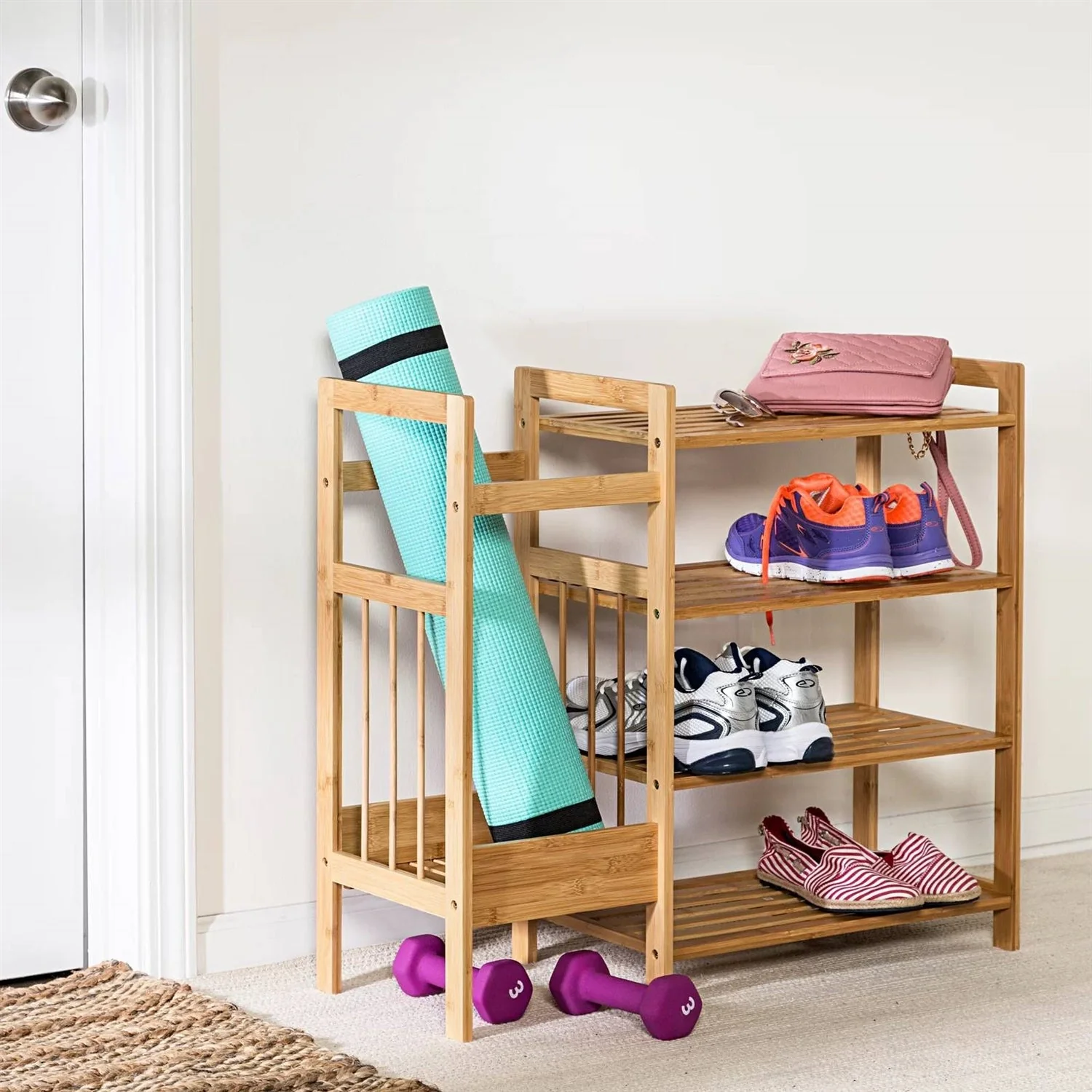 2-Shelf Entryway Shoe Rack Bench with Bla2-in-1 Entryway 4-Shelf Bamboo Shoe Rack and Umbrella Holderck Metal Frame and Brown Wood Top - Image 2