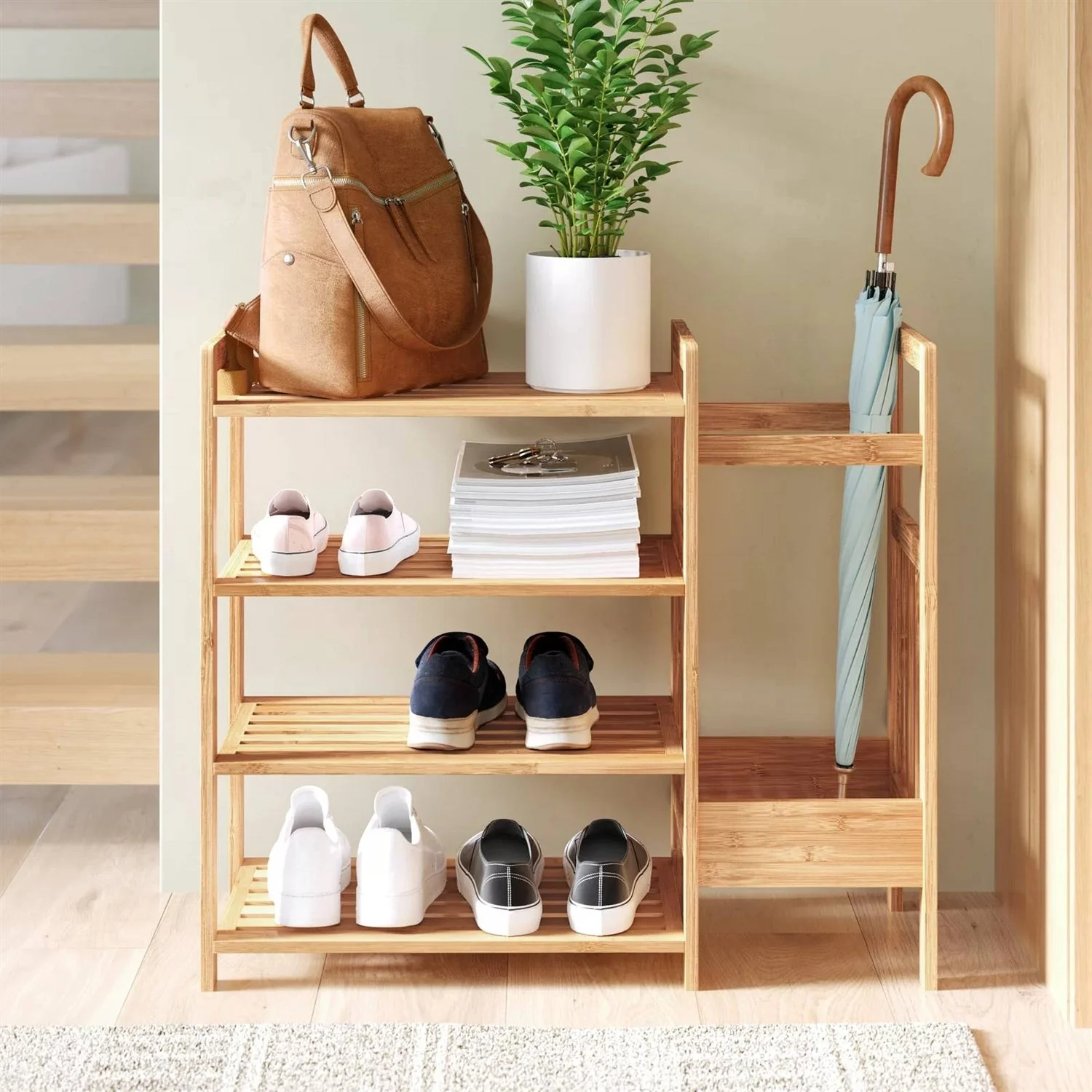 2-Shelf Entryway Shoe Rack Bench with Bla2-in-1 Entryway 4-Shelf Bamboo Shoe Rack and Umbrella Holderck Metal Frame and Brown Wood Top - Image 3