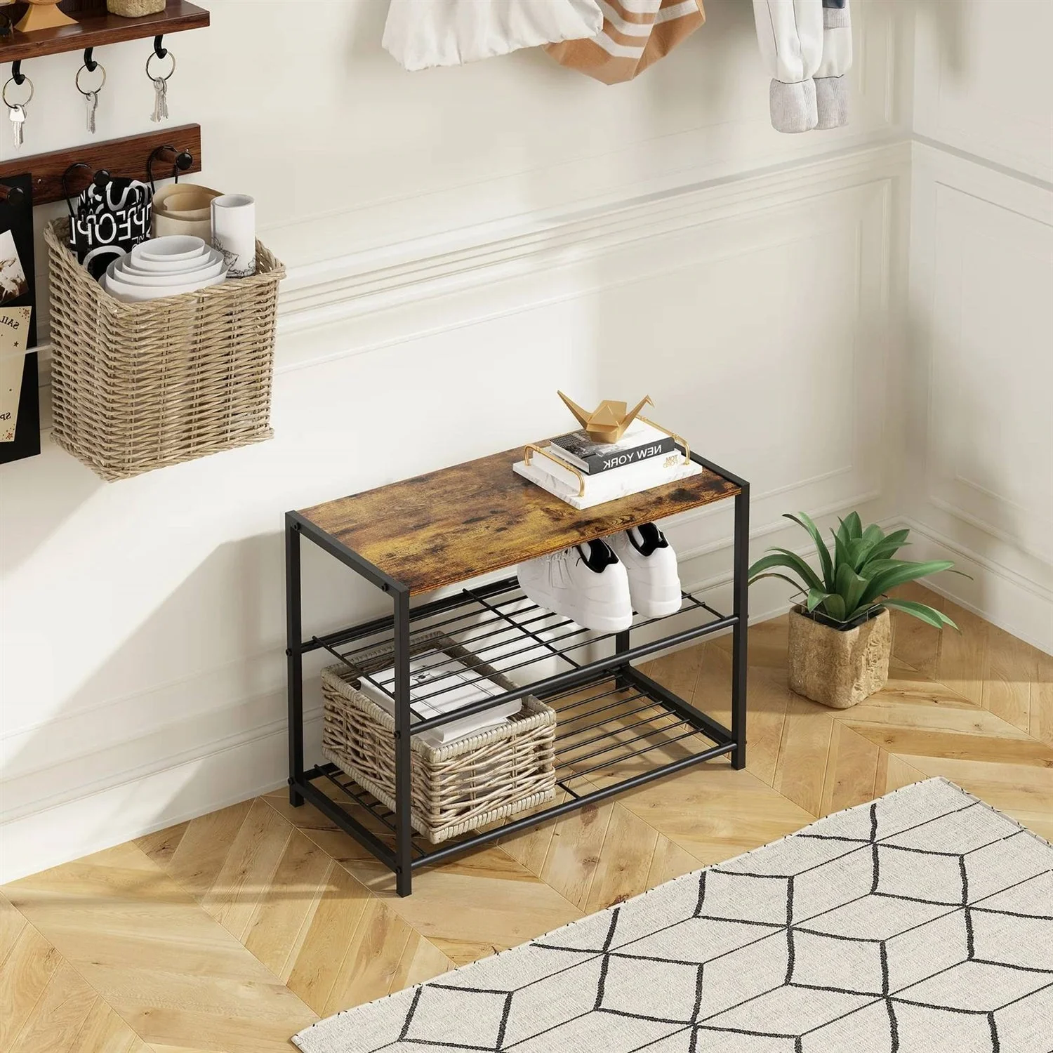 2-Shelf Entryway Shoe Rack Bench with Black Metal Frame and Brown Wood Top - Image 3