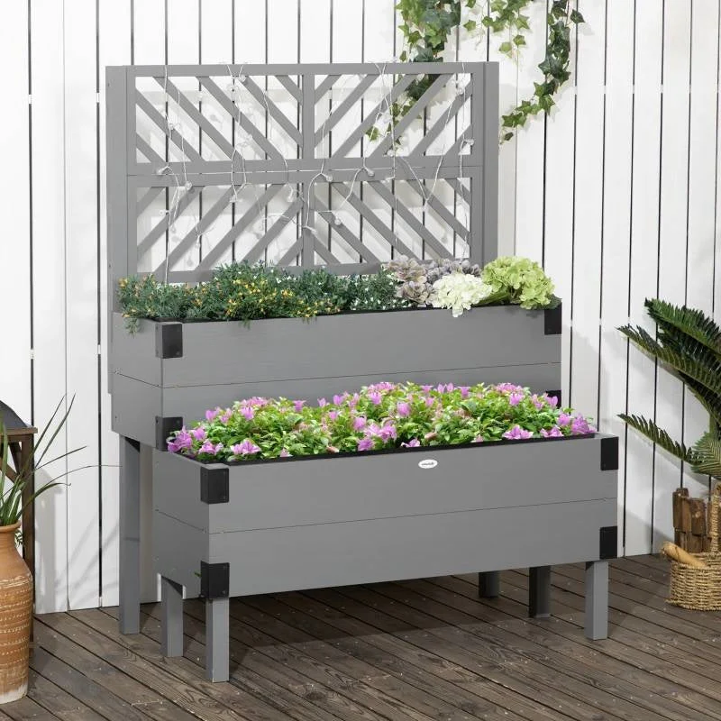 2 Tier Self Draining Grey Wood Raised Garden Bed Planter Box with Trellis - Image 2