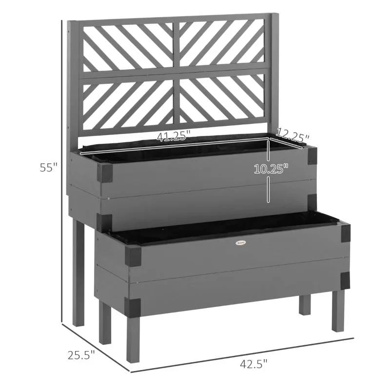 2 Tier Self Draining Grey Wood Raised Garden Bed Planter Box with Trellis - Image 3