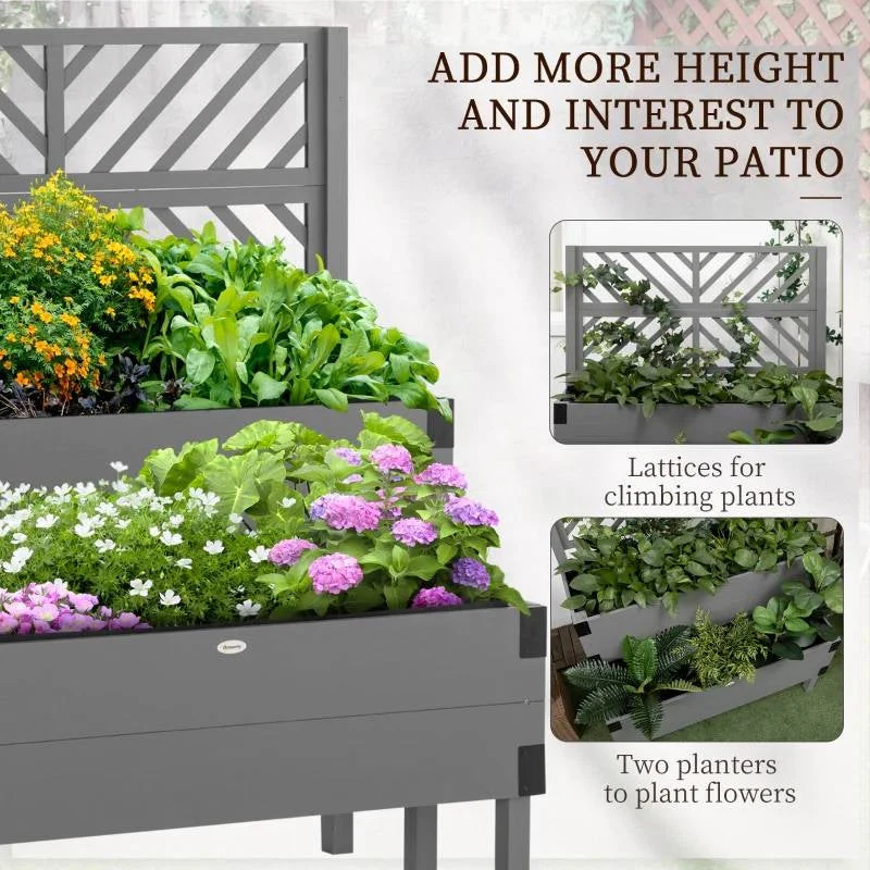 2 Tier Self Draining Grey Wood Raised Garden Bed Planter Box with Trellis - Image 4
