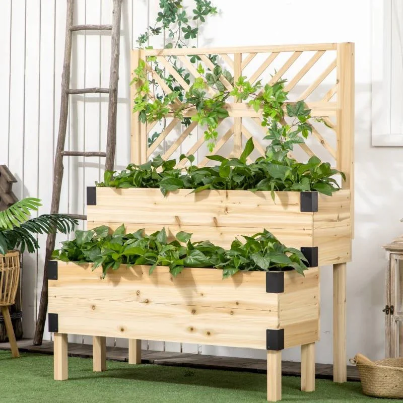2 Tier Self Draining Natural Wood Raised Garden Bed Planter Box with Trellis - Image 2