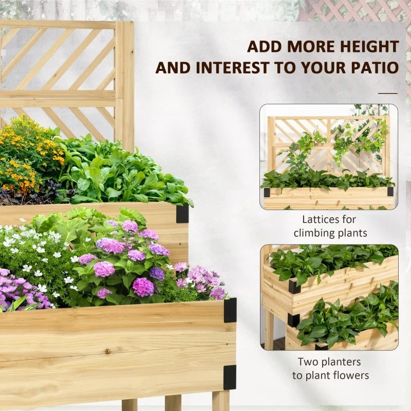 2 Tier Self Draining Natural Wood Raised Garden Bed Planter Box with Trellis - Image 3
