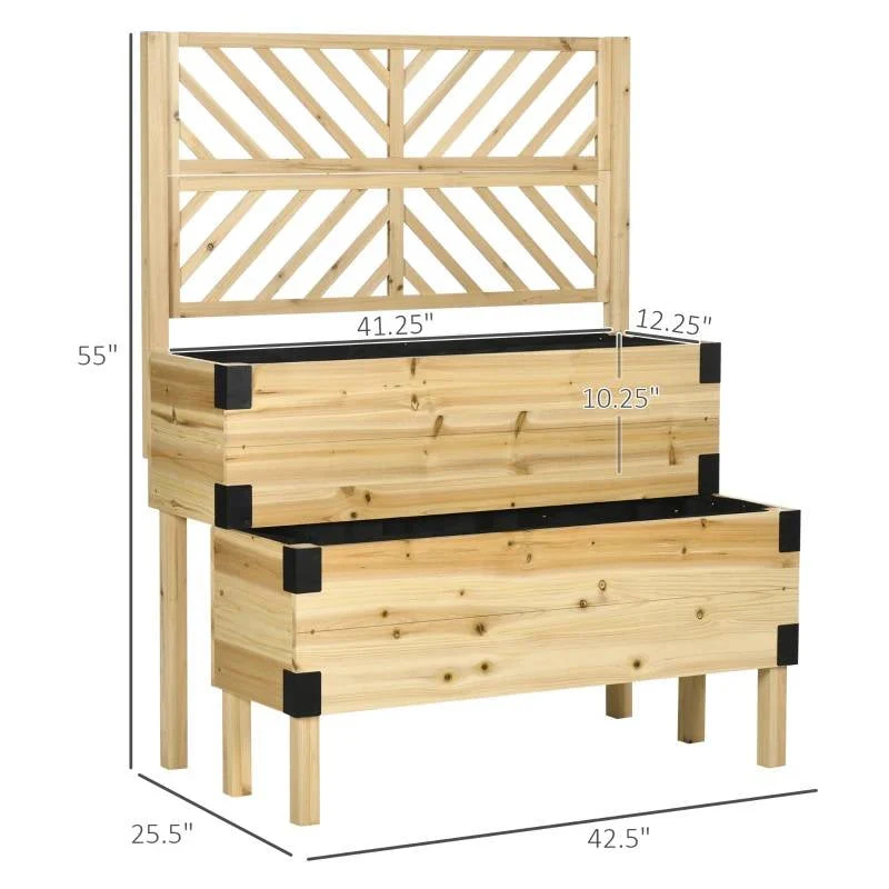 2 Tier Self Draining Natural Wood Raised Garden Bed Planter Box with Trellis - Image 5