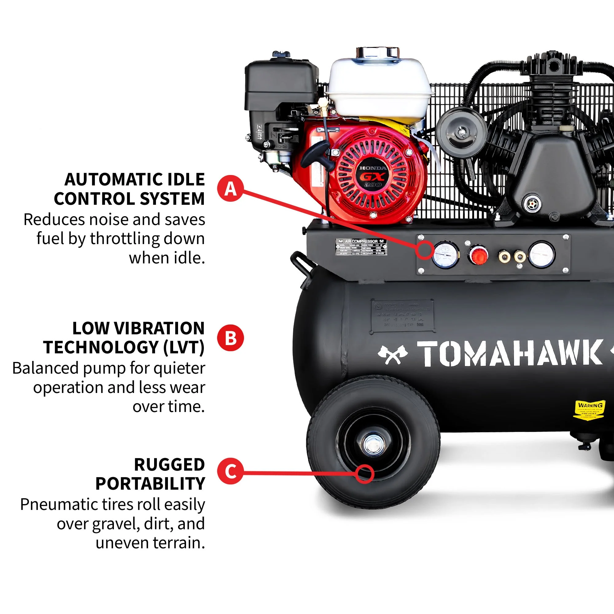 20 Gallon Portable Air Compressor 6.5HP Honda GX200 Engine Horizontal Tank 13.5 CFM @ 90 PSI Gas-Powered - Image 6