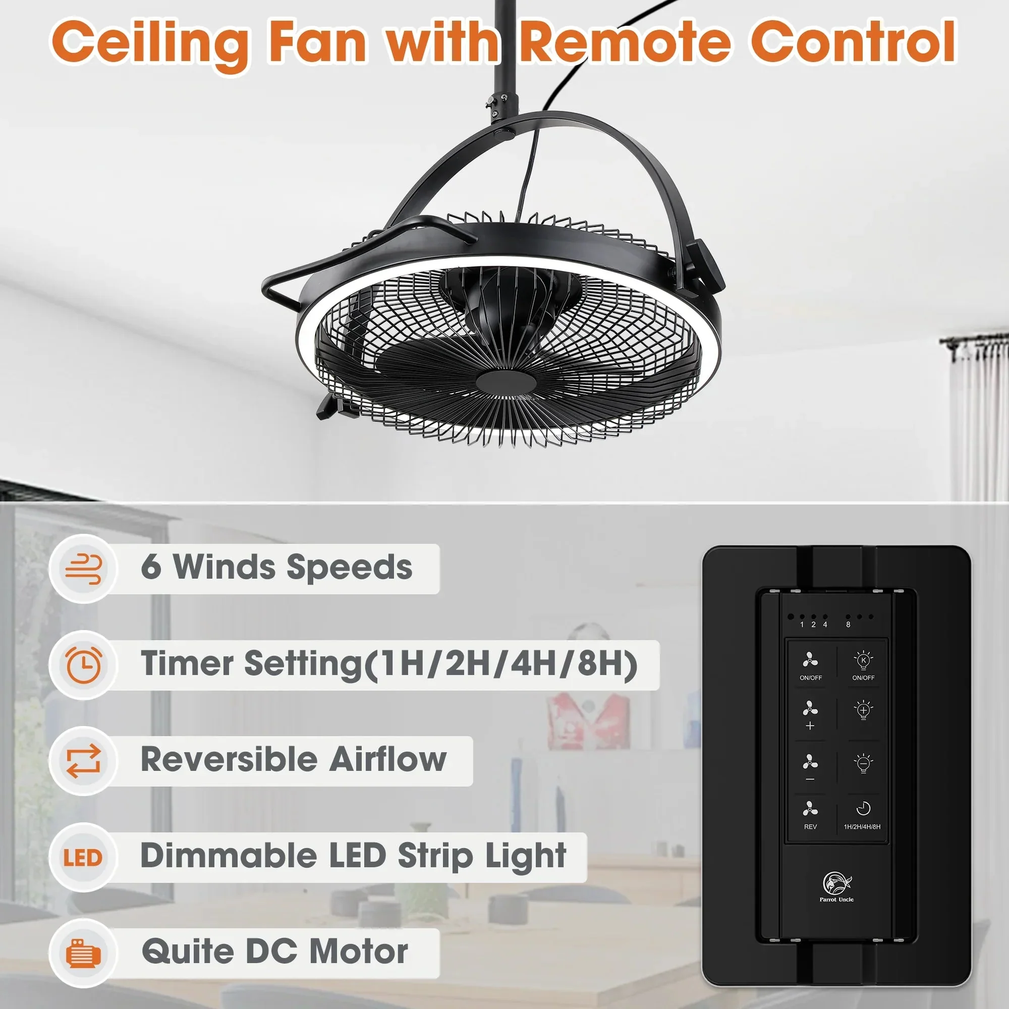 20 Inch Black Industrial Rotatable LED Downrod Fan Floor Fan with Remote Control - Image 10