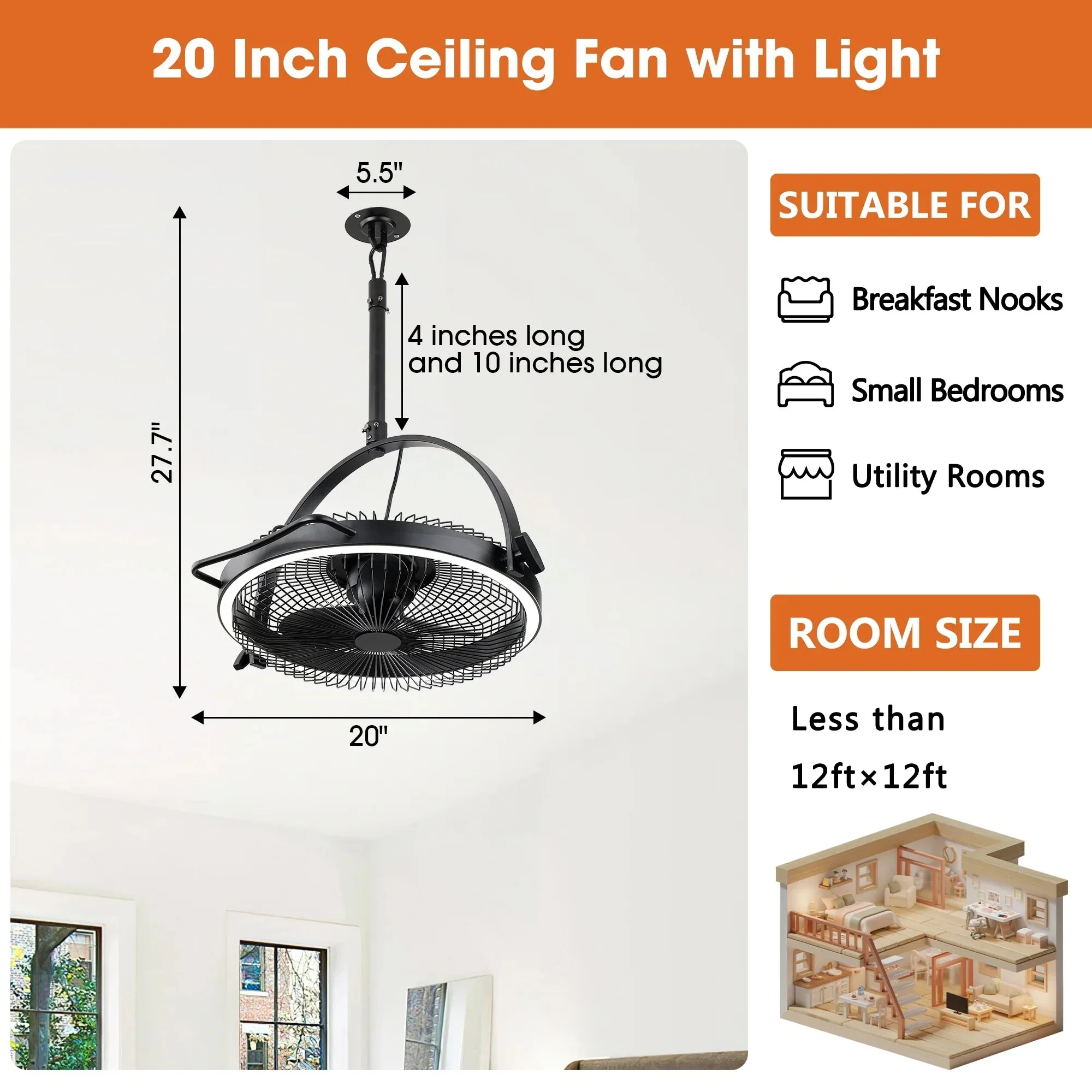 20 Inch Black Industrial Rotatable LED Downrod Fan Floor Fan with Remote Control - Image 11