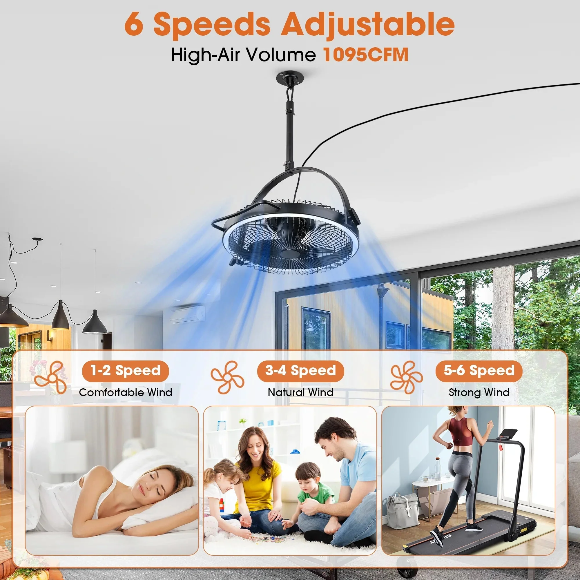 20 Inch Black Industrial Rotatable LED Downrod Fan Floor Fan with Remote Control - Image 9