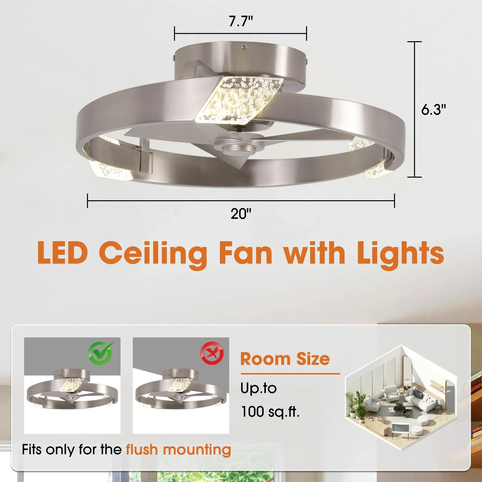 20 Inch Hazel Satin Nickel Flush Mount LED Ceiling Fan with Remote Control - Image 11