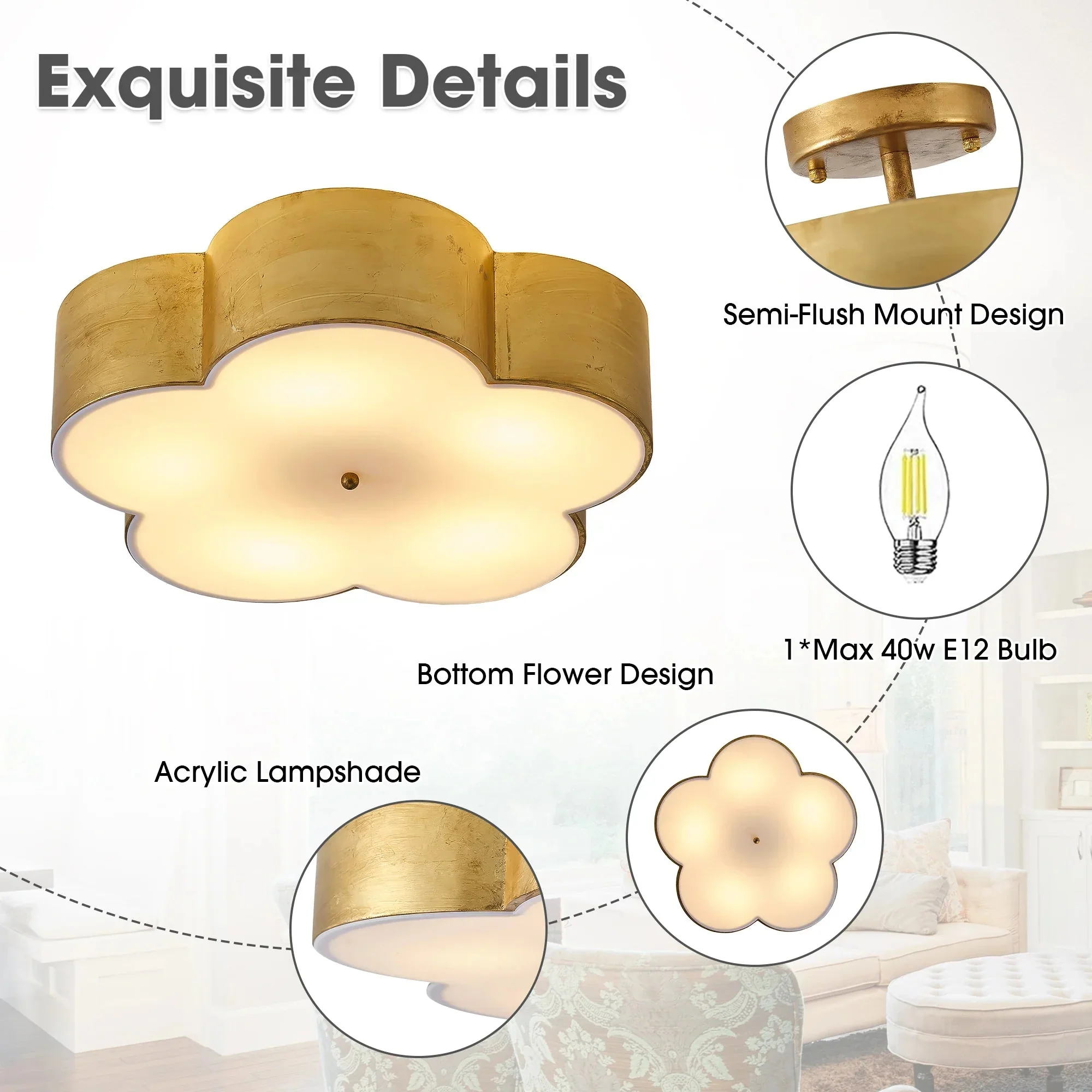 20 Inch Joyce 5-Light Vintage Golden Semi-Flush Mount Ceiling Light - Image 6