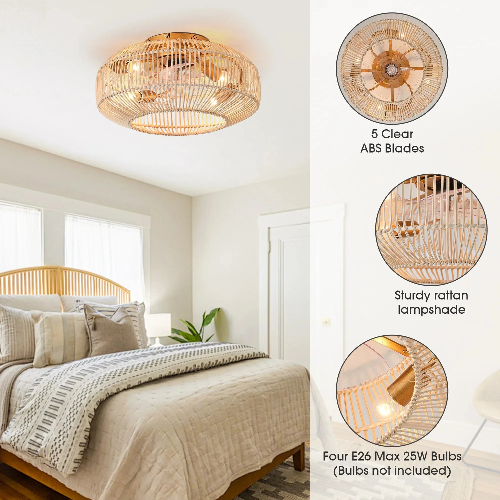 20 Inch Mandy Retro Golden Flush Mount Ceiling Fan with Light and Remote Control - Image 6