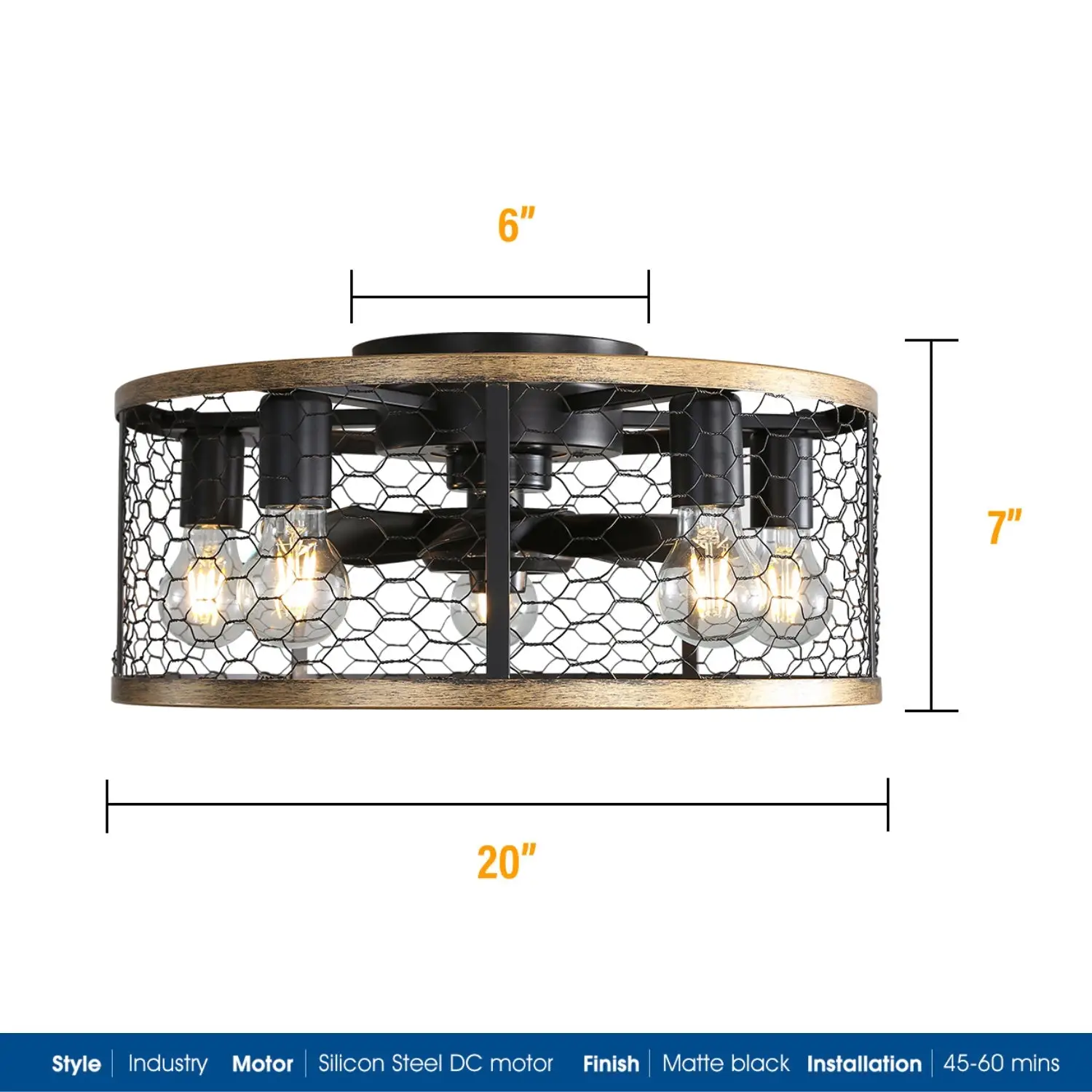 20 Inch Metallic Ceiling Fan with Light Flush Mount and Remote - Image 2