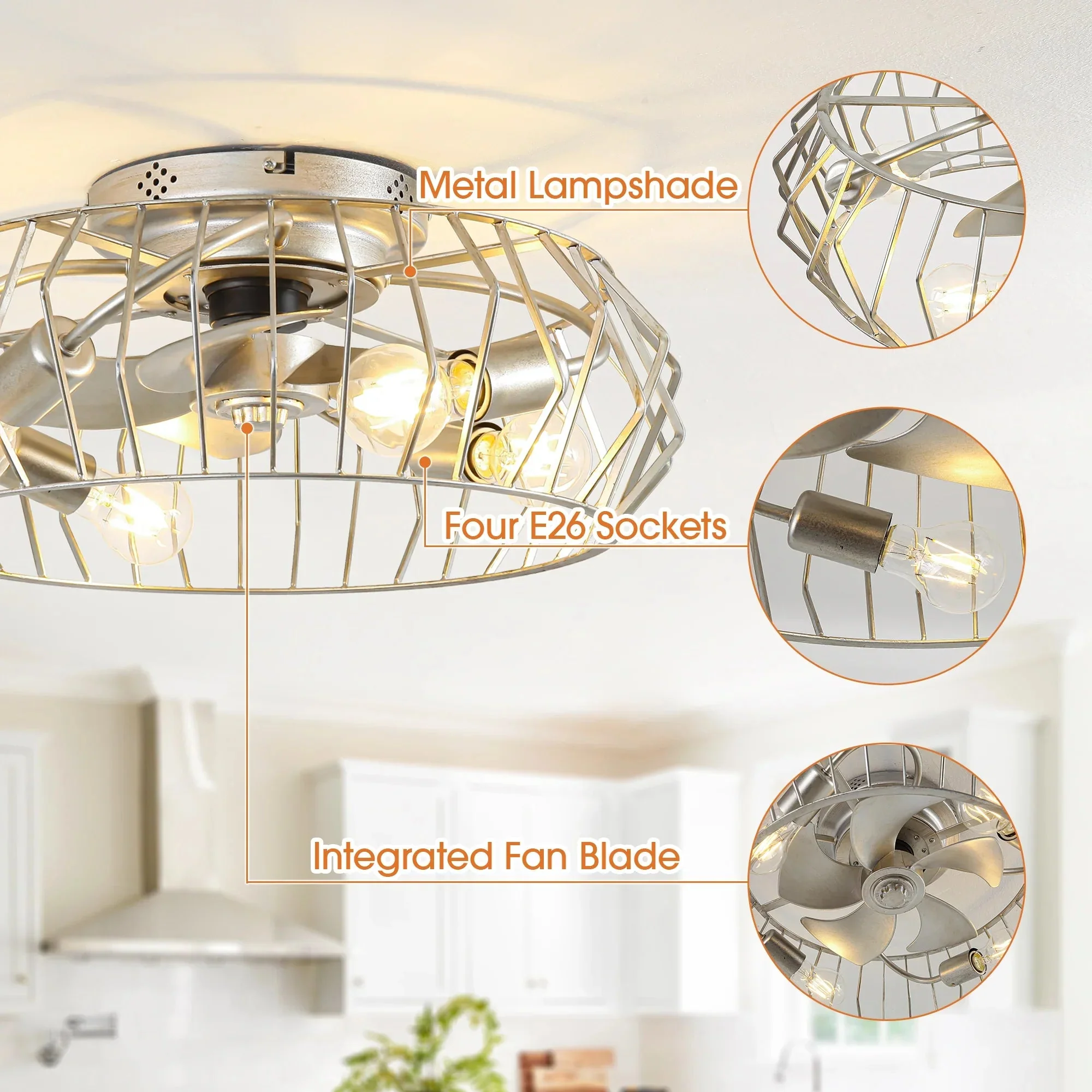 20 Inch Silver Flush Mount Ceiling Fan with Light APP and Remote Control - Image 5