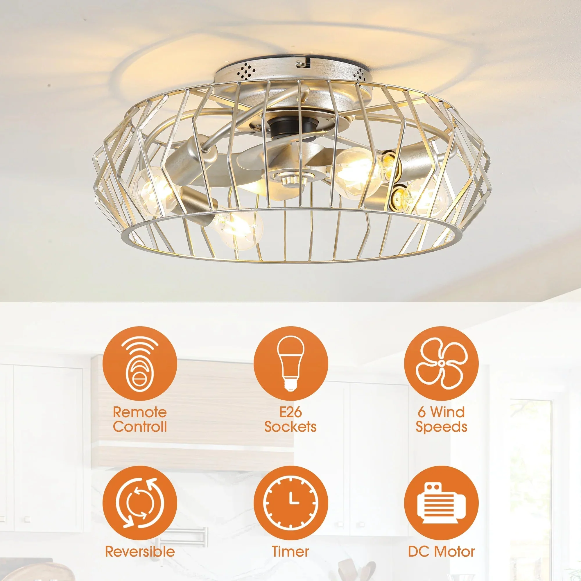 20 Inch Silver Flush Mount Ceiling Fan with Light APP and Remote Control - Image 6