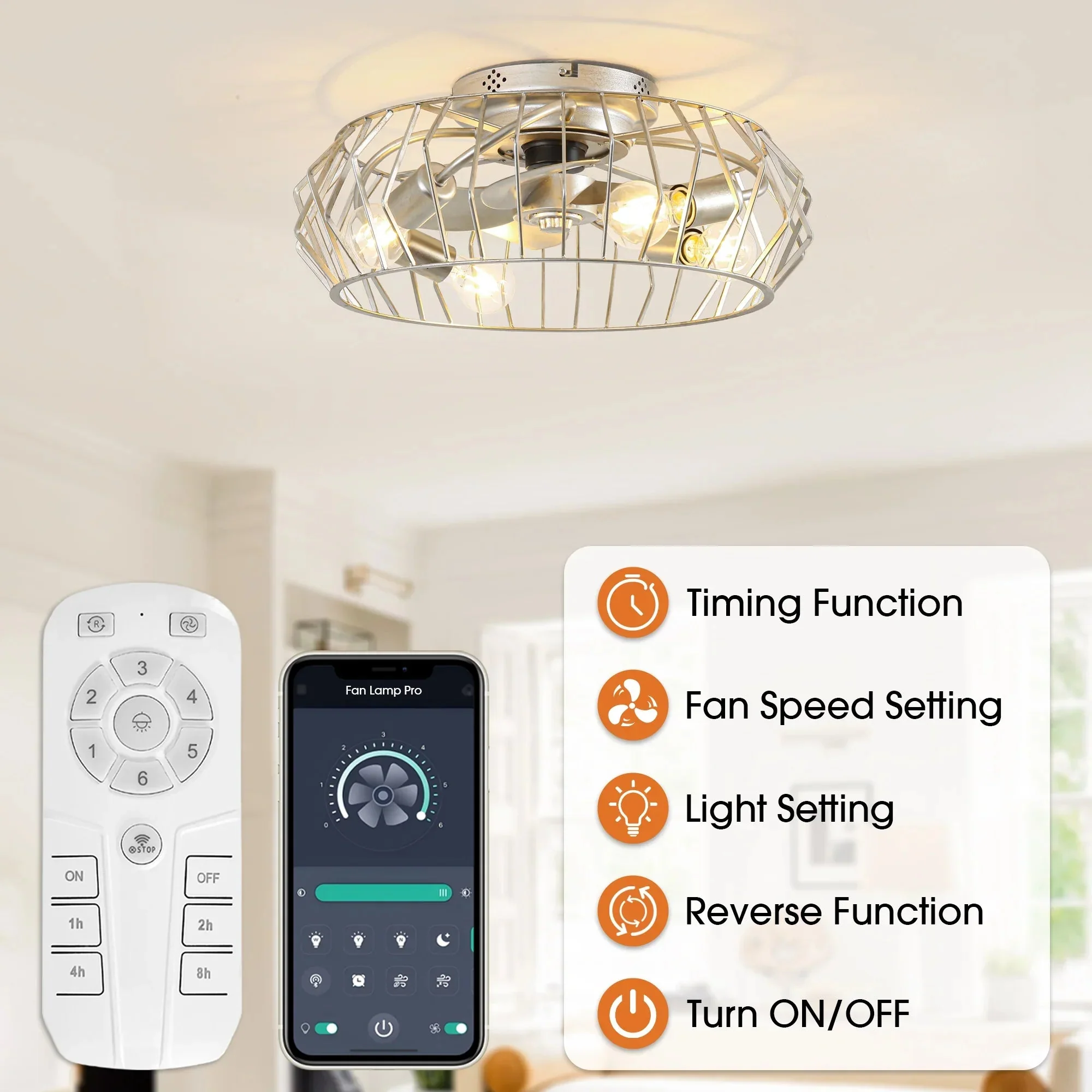 20 Inch Silver Flush Mount Ceiling Fan with Light APP and Remote Control - Image 7