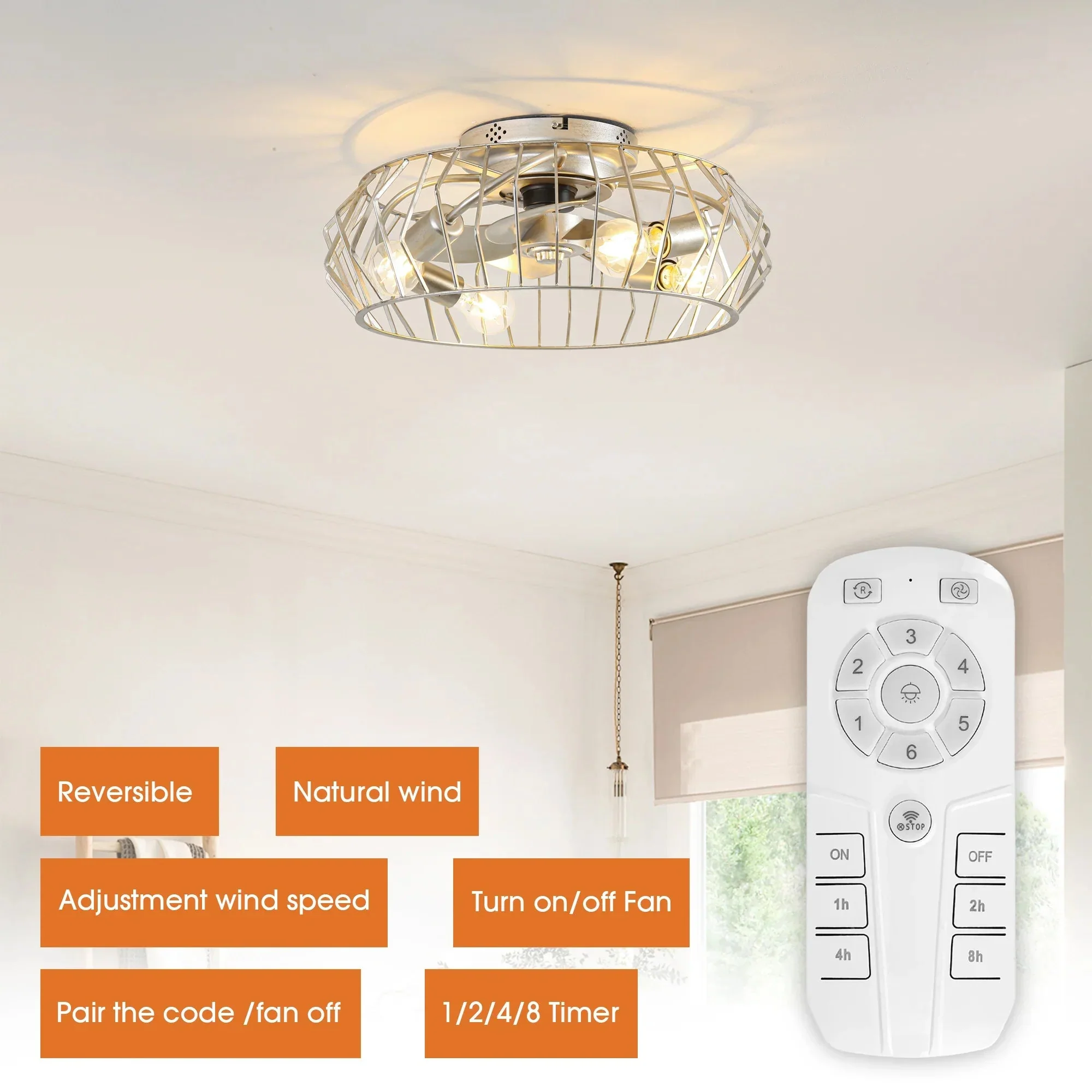 20 Inch Silver Flush Mount Ceiling Fan with Light APP and Remote Control - Image 8
