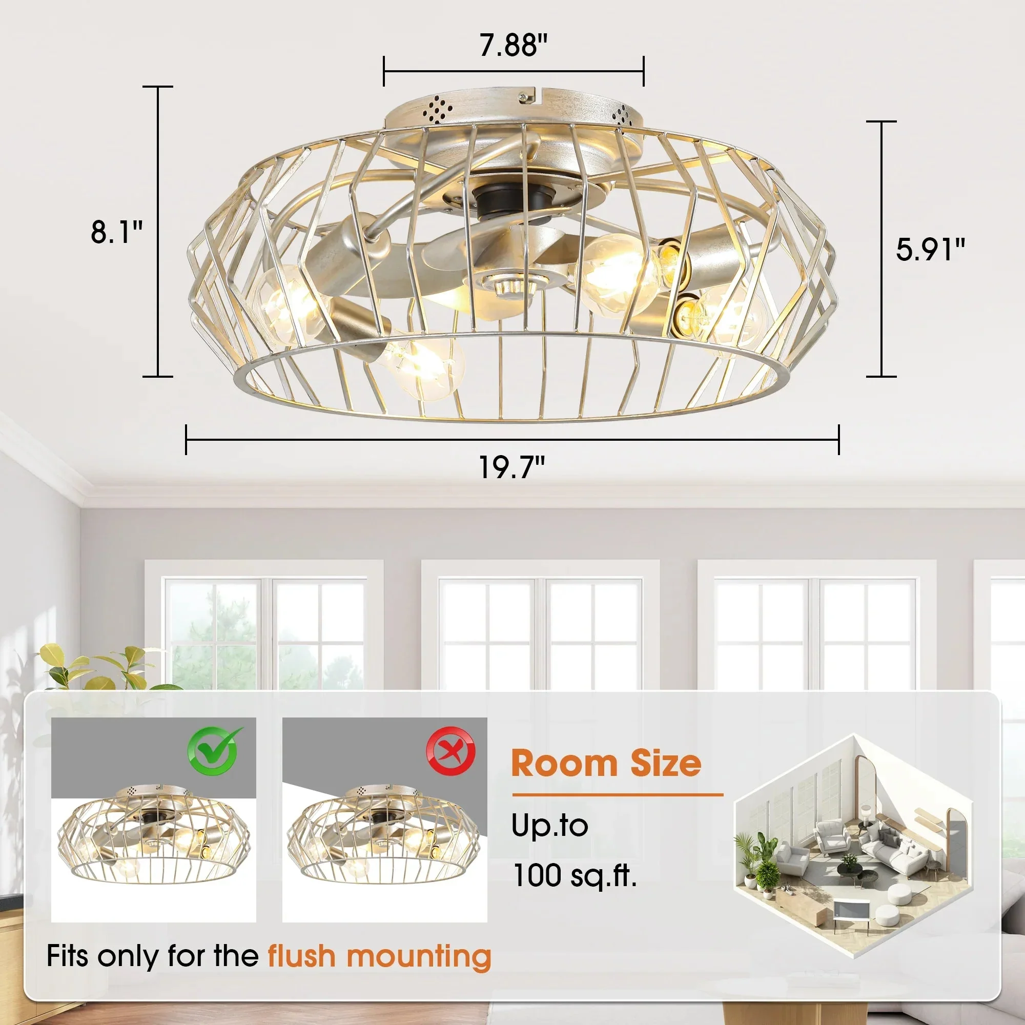 20 Inch Silver Flush Mount Ceiling Fan with Light APP and Remote Control - Image 9