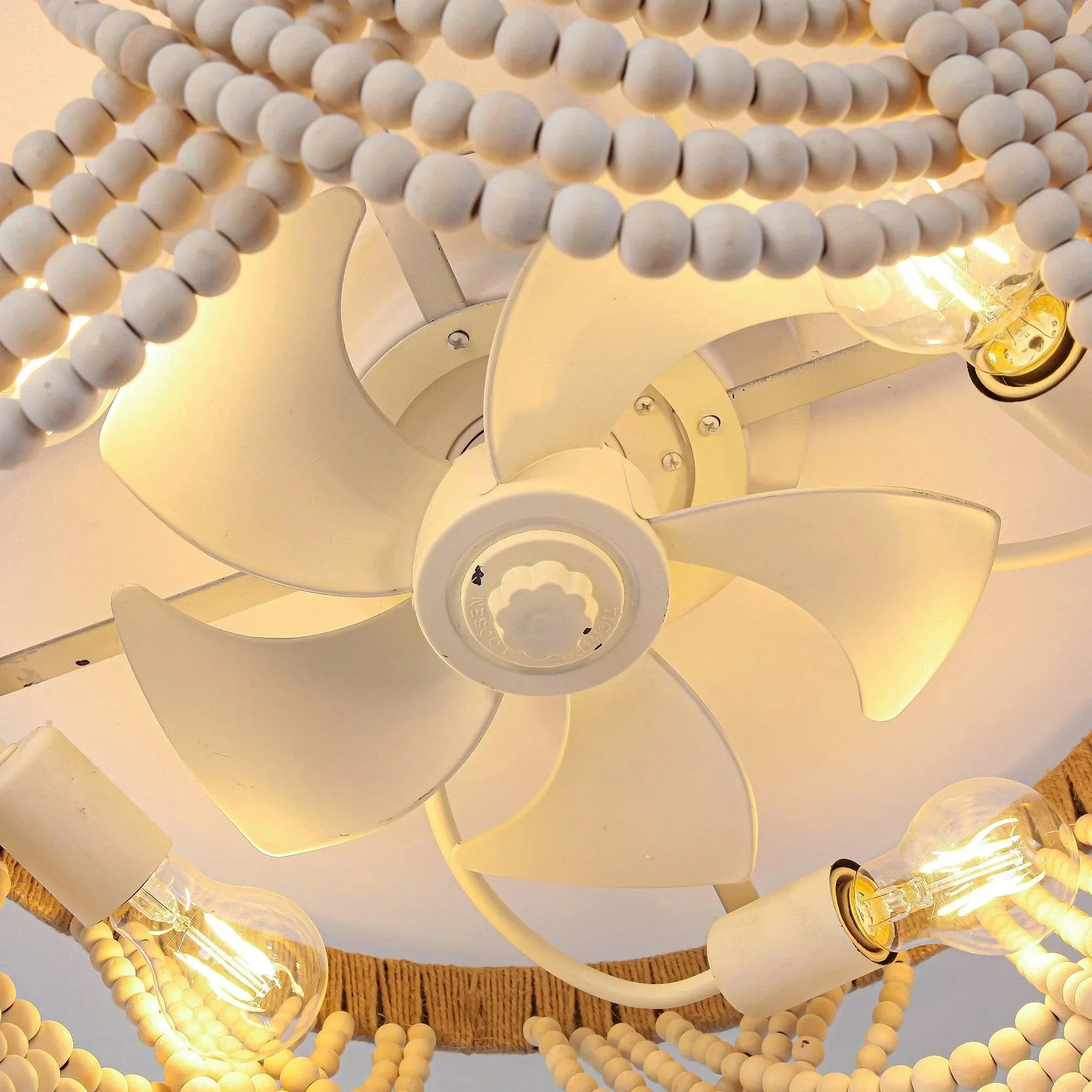 20 Inch White Farmhouse Handmade Wooden Beads Flush Mount Ceiling Fan with APP Remote Control and Lighting - Image 10