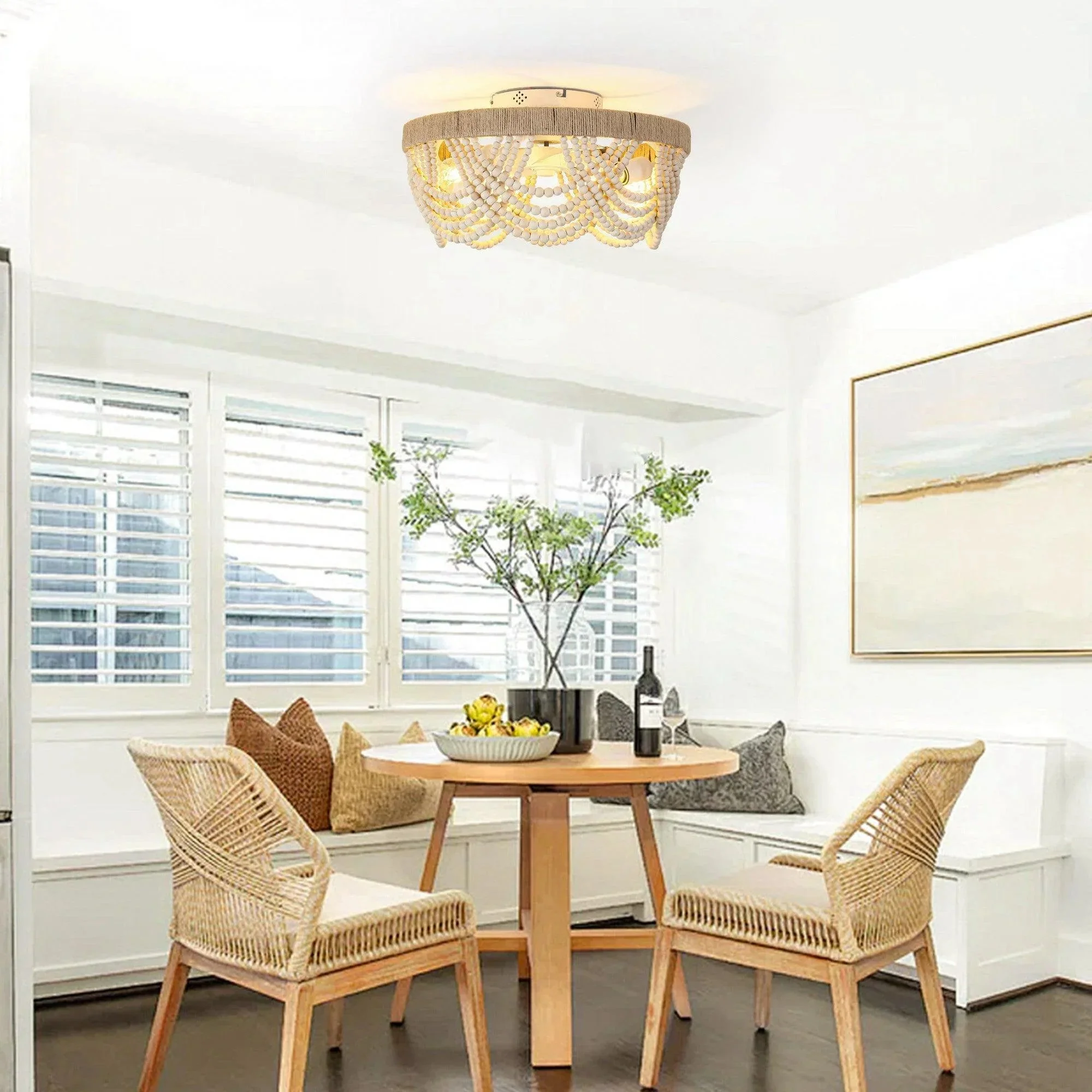 20 Inch White Farmhouse Handmade Wooden Beads Flush Mount Ceiling Fan with APP Remote Control and Lighting - Image 2