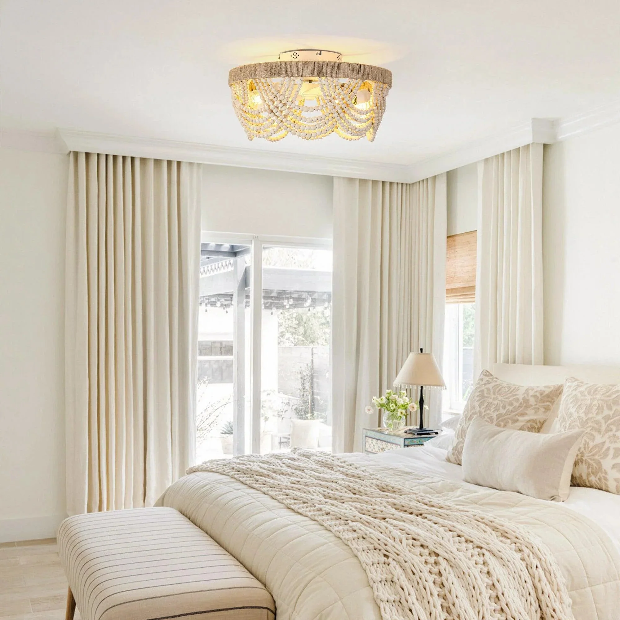 20 Inch White Farmhouse Handmade Wooden Beads Flush Mount Ceiling Fan with APP Remote Control and Lighting - Image 3