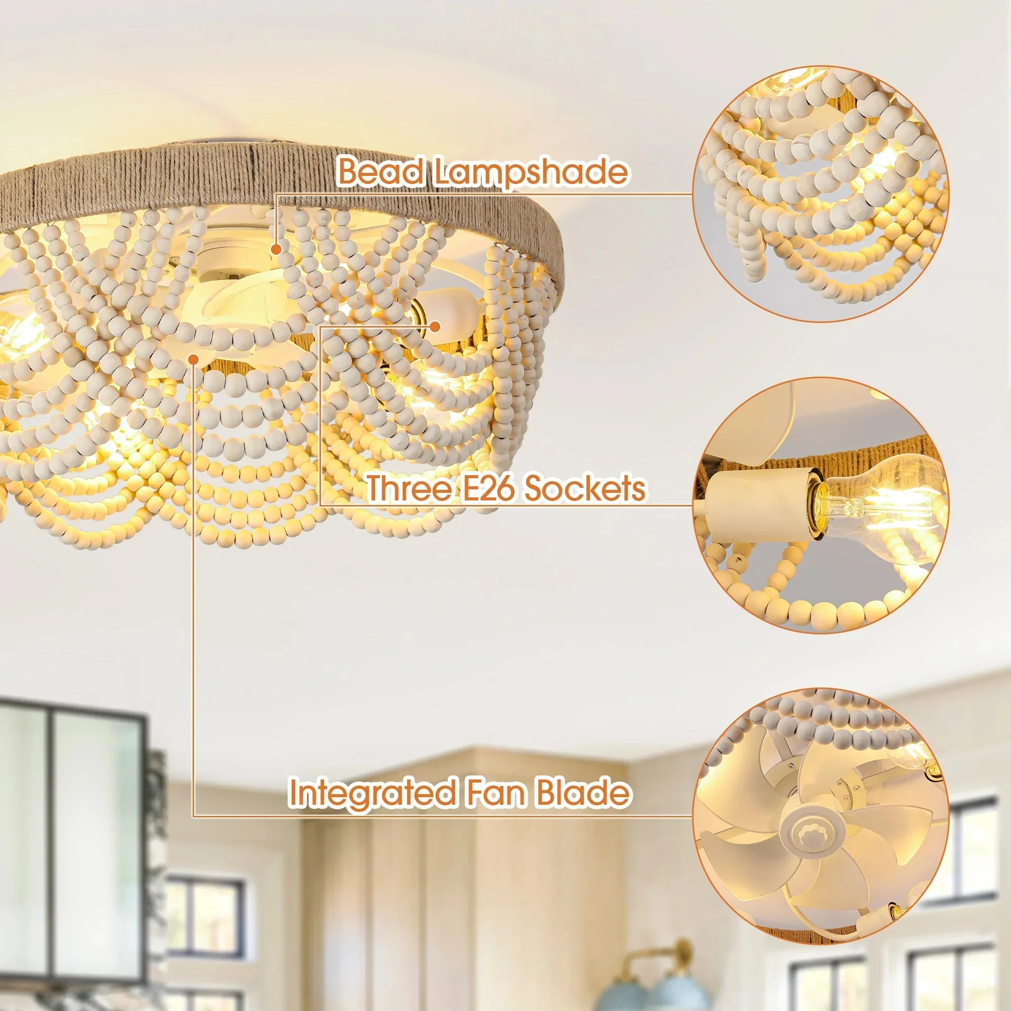 20 Inch White Farmhouse Handmade Wooden Beads Flush Mount Ceiling Fan with APP Remote Control and Lighting - Image 5