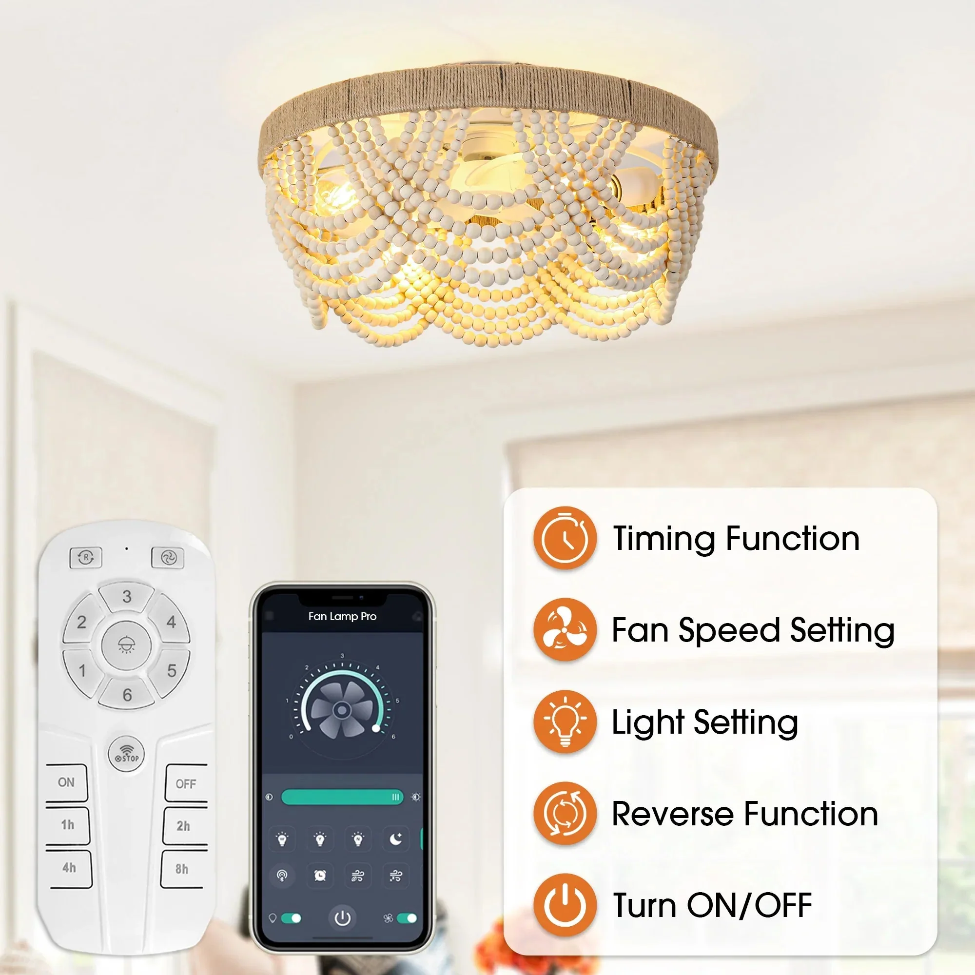 20 Inch White Farmhouse Handmade Wooden Beads Flush Mount Ceiling Fan with APP Remote Control and Lighting - Image 6