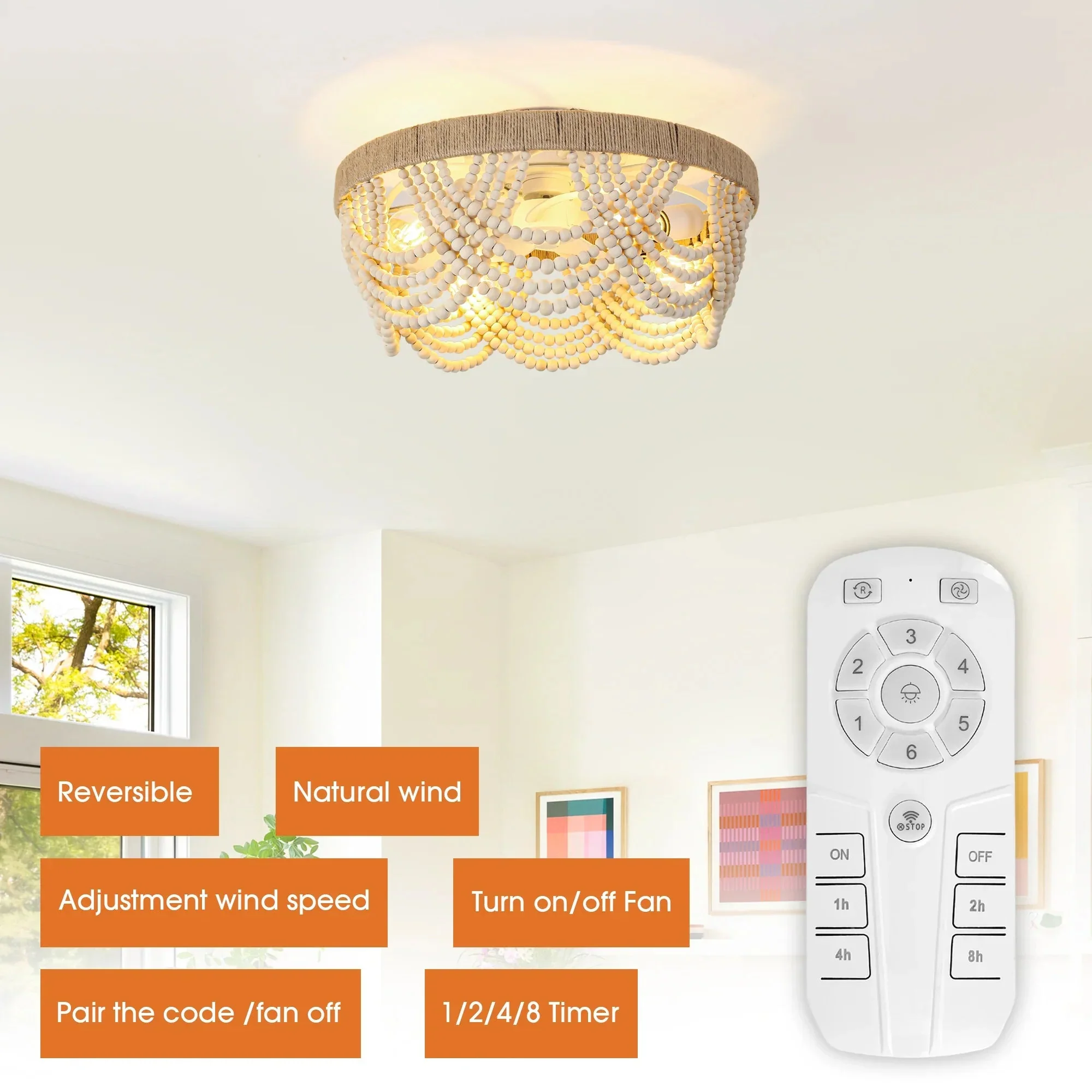 20 Inch White Farmhouse Handmade Wooden Beads Flush Mount Ceiling Fan with APP Remote Control and Lighting - Image 7