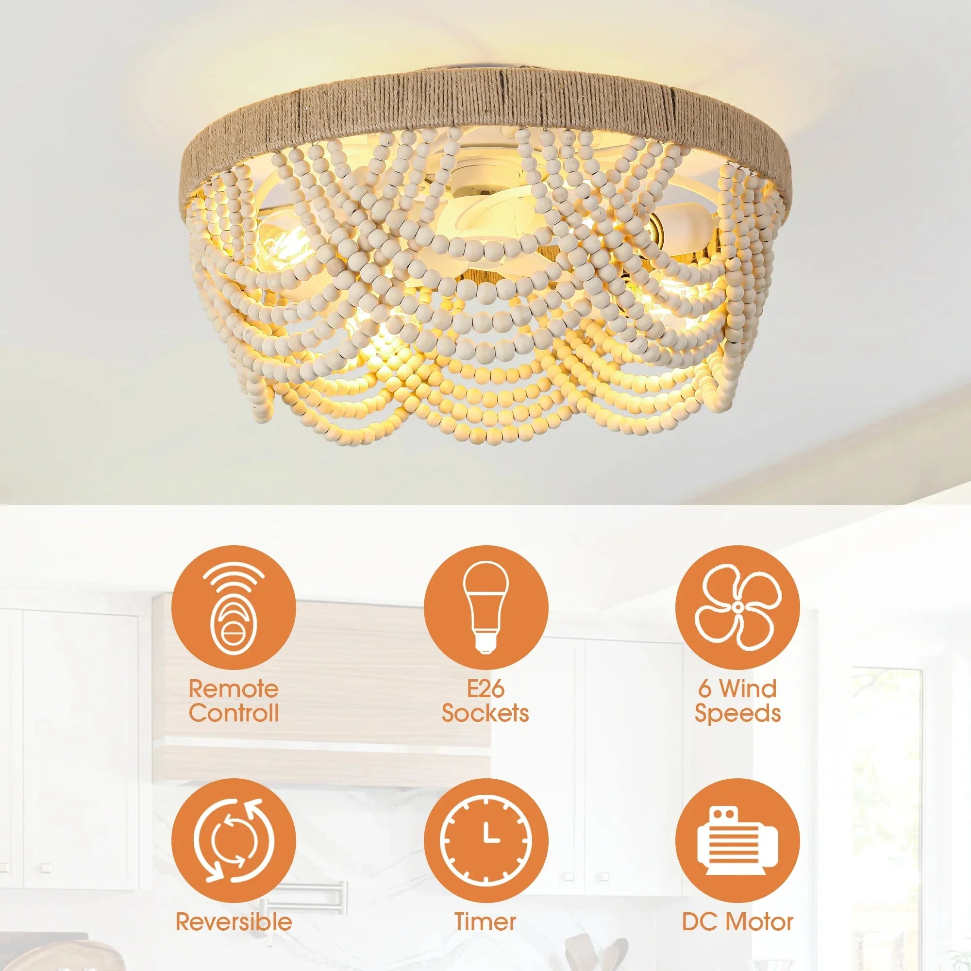 20 Inch White Farmhouse Handmade Wooden Beads Flush Mount Ceiling Fan with APP Remote Control and Lighting - Image 8