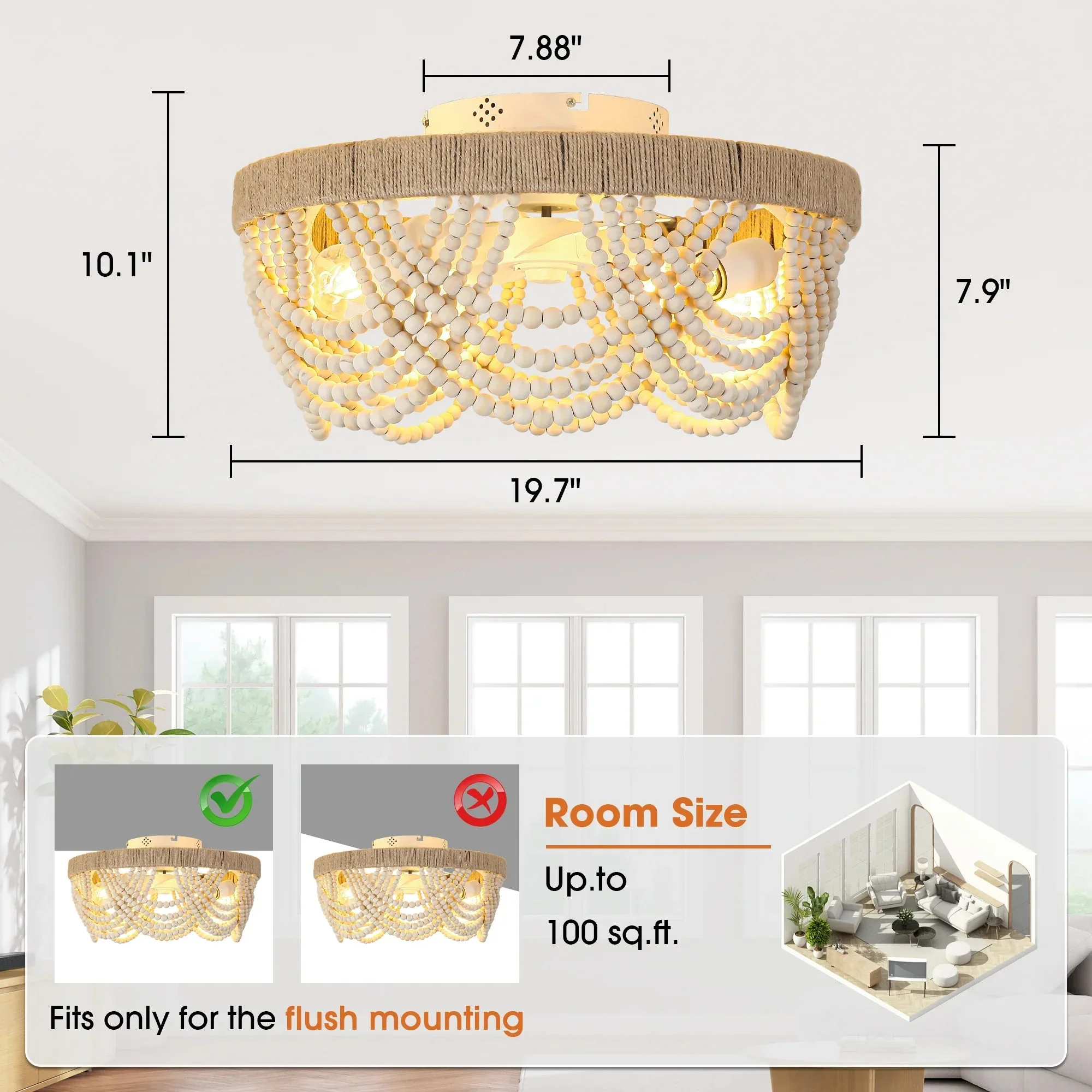 20 Inch White Farmhouse Handmade Wooden Beads Flush Mount Ceiling Fan with APP Remote Control and Lighting - Image 9
