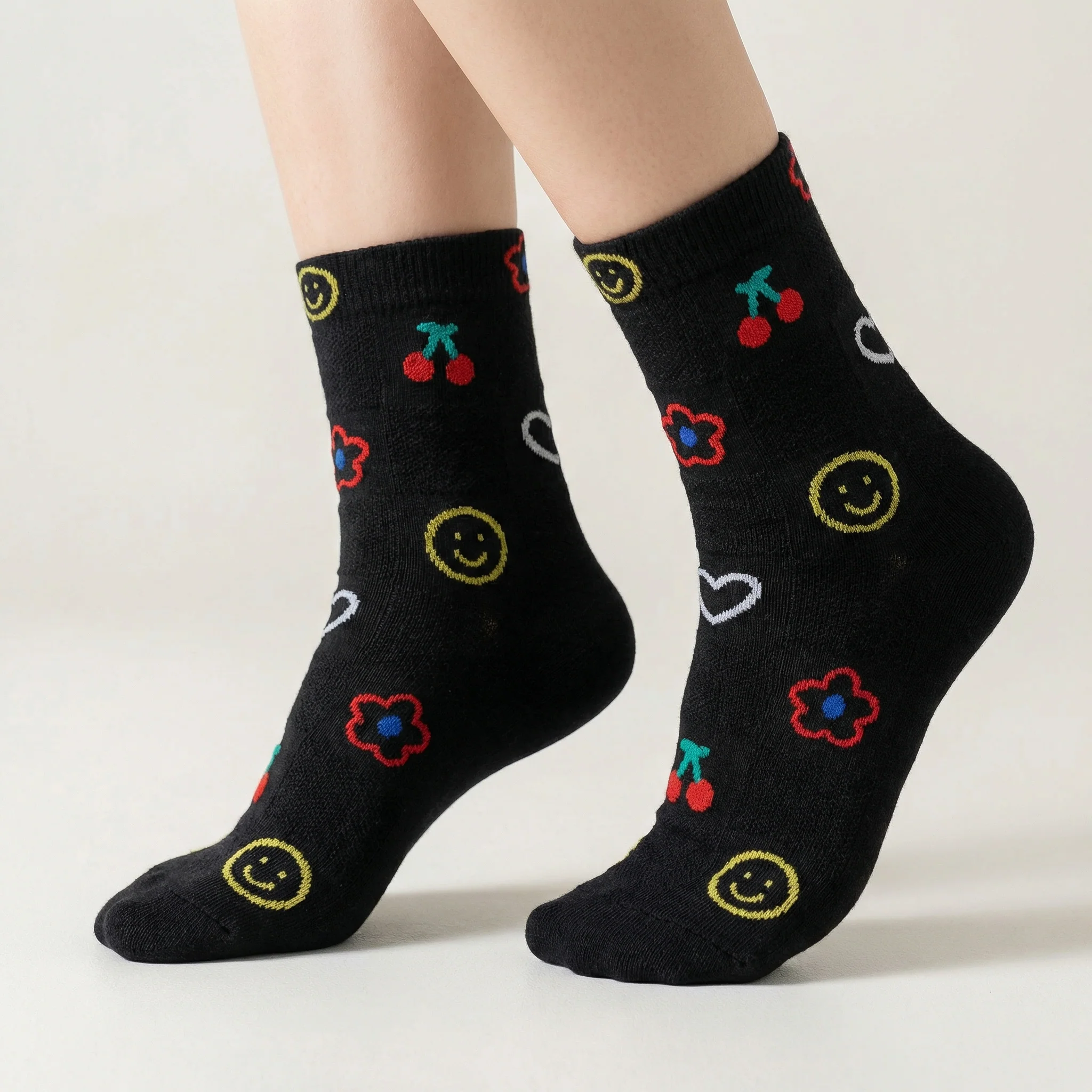 2000s Symbols Pattern Women's Crew Socks in Black [Size 5-10] - Image 4