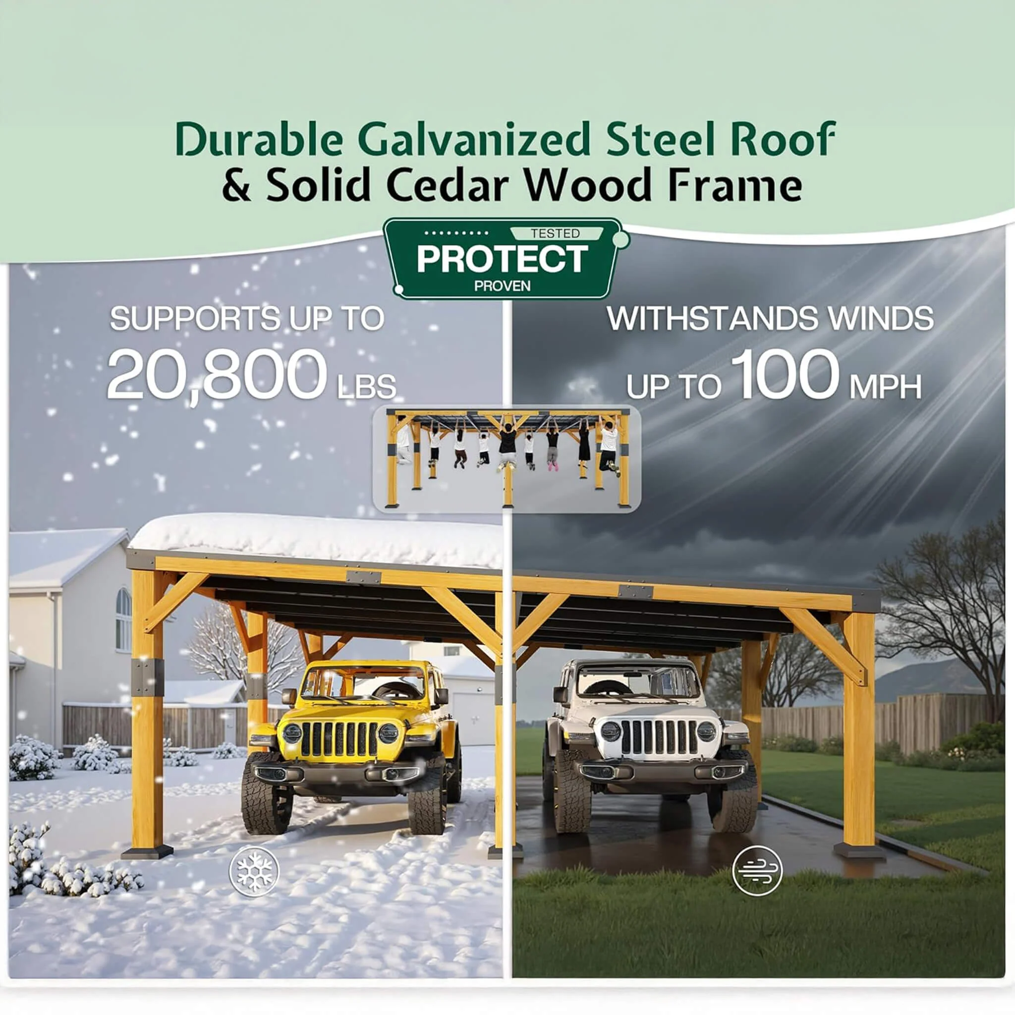 [20X20FT] Alora Heavy-Duty All-Weather Outdoor Cedar Wood Carport With Galvanized Steel Roof (SAK76145) - Image 3