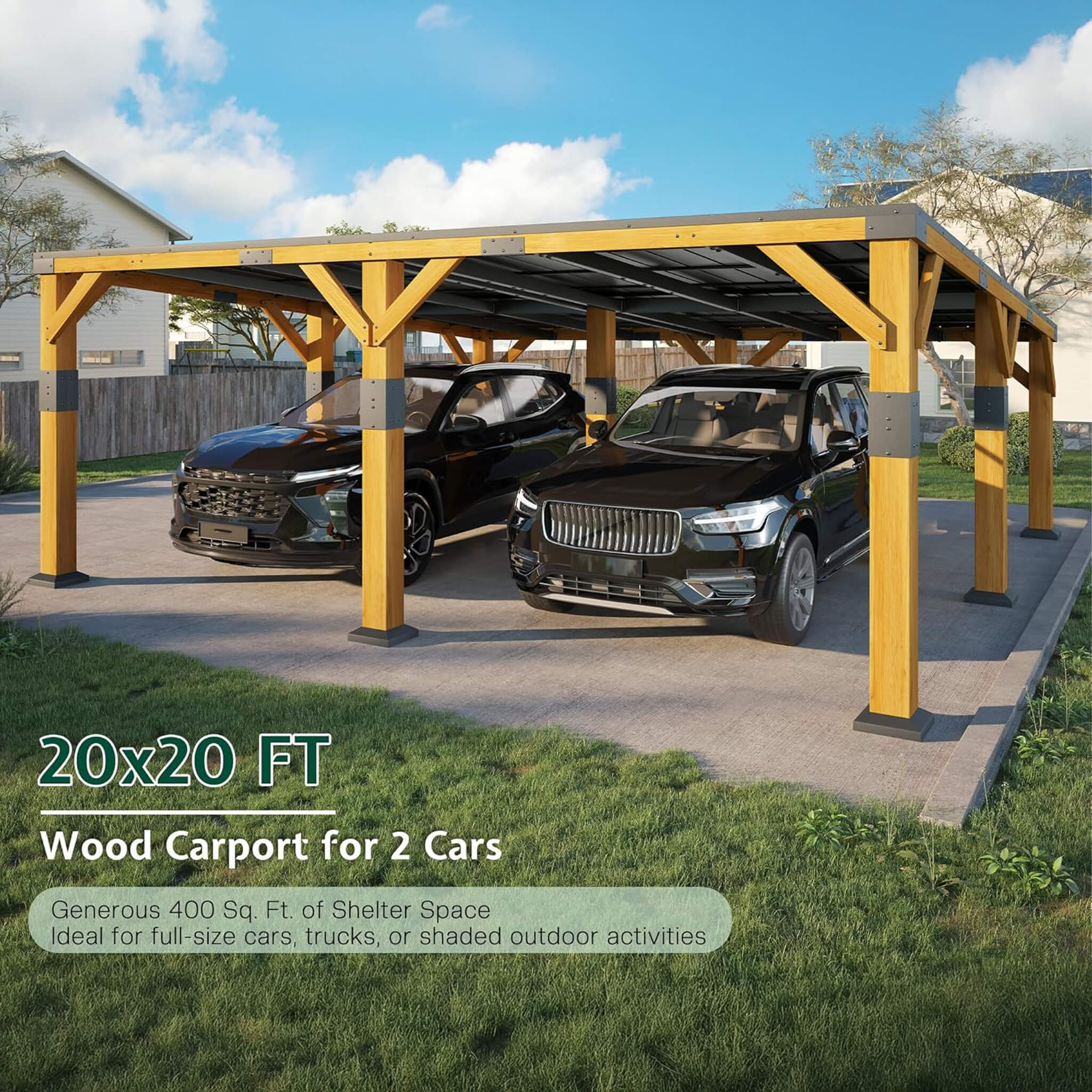[20X20FT] Alora Heavy-Duty All-Weather Outdoor Cedar Wood Carport With Galvanized Steel Roof (SAK76145) - Image 4