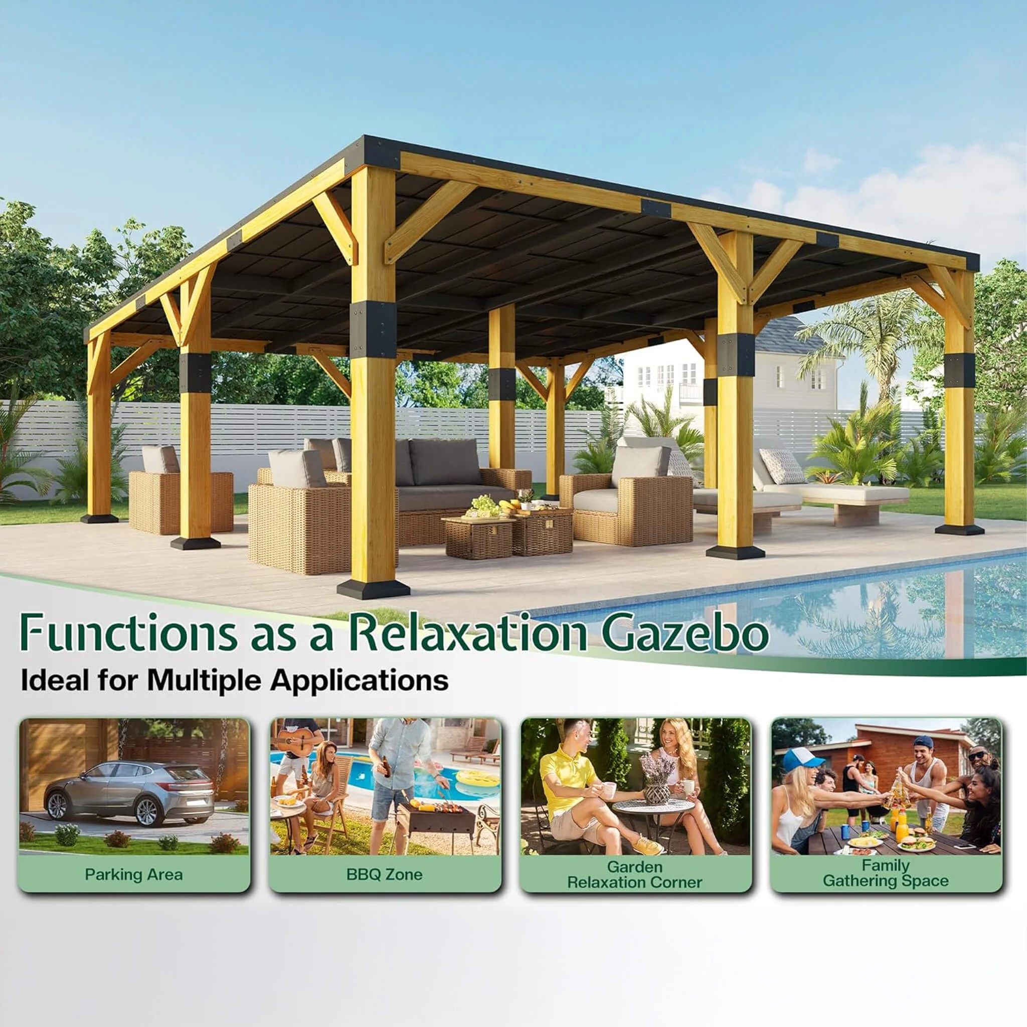 [20X20FT] Alora Heavy-Duty All-Weather Outdoor Cedar Wood Carport With Galvanized Steel Roof (SAK76145) - Image 5